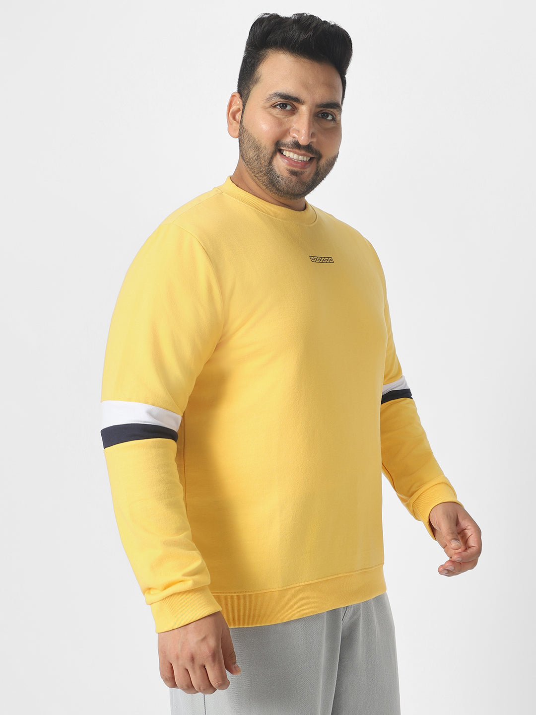 Plus Men's Yellow Cotton Color Block Round Neck Sweatshirt