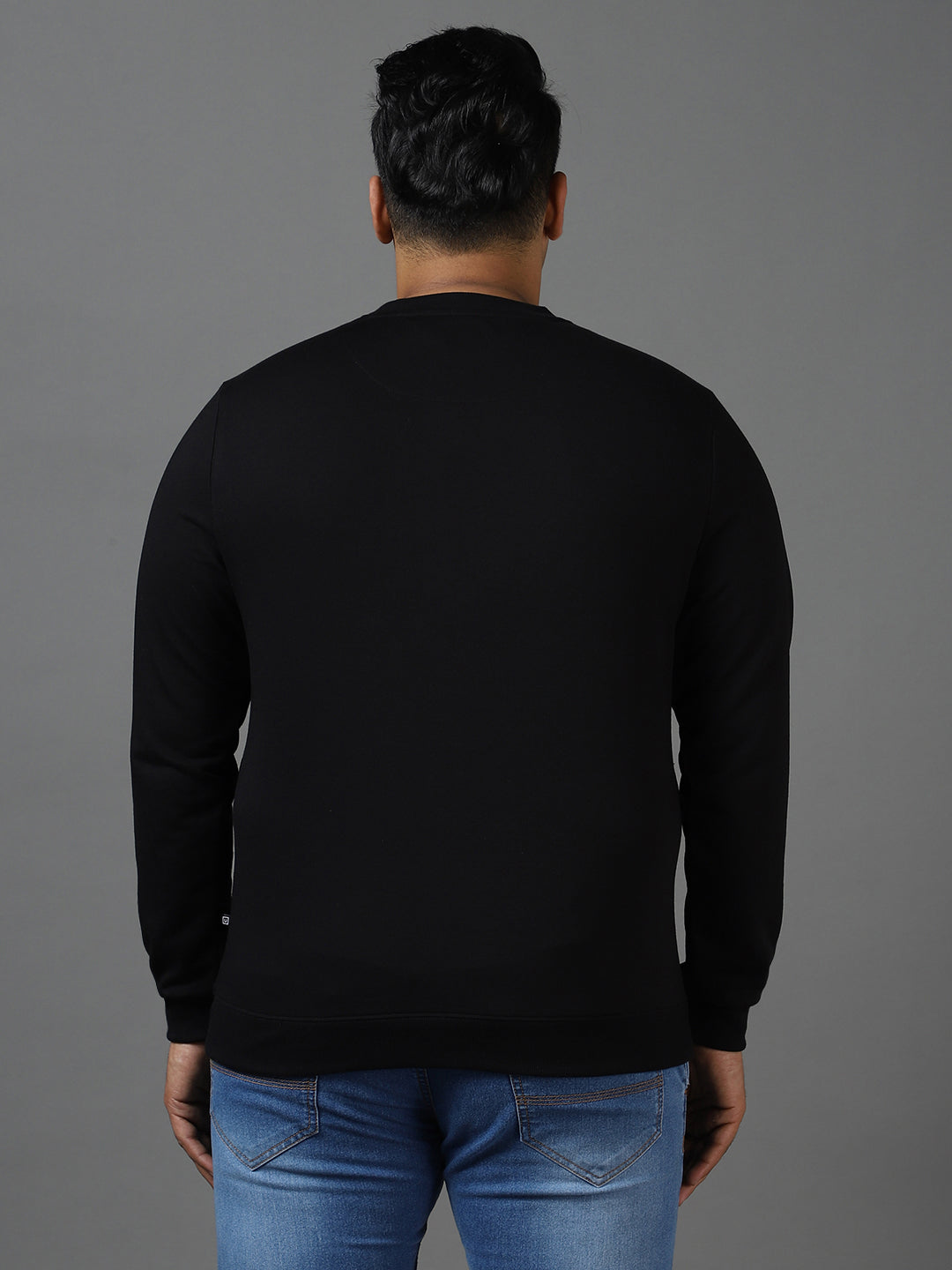 Plus Men's Black Cotton Color Block Round Neck Sweatshirt