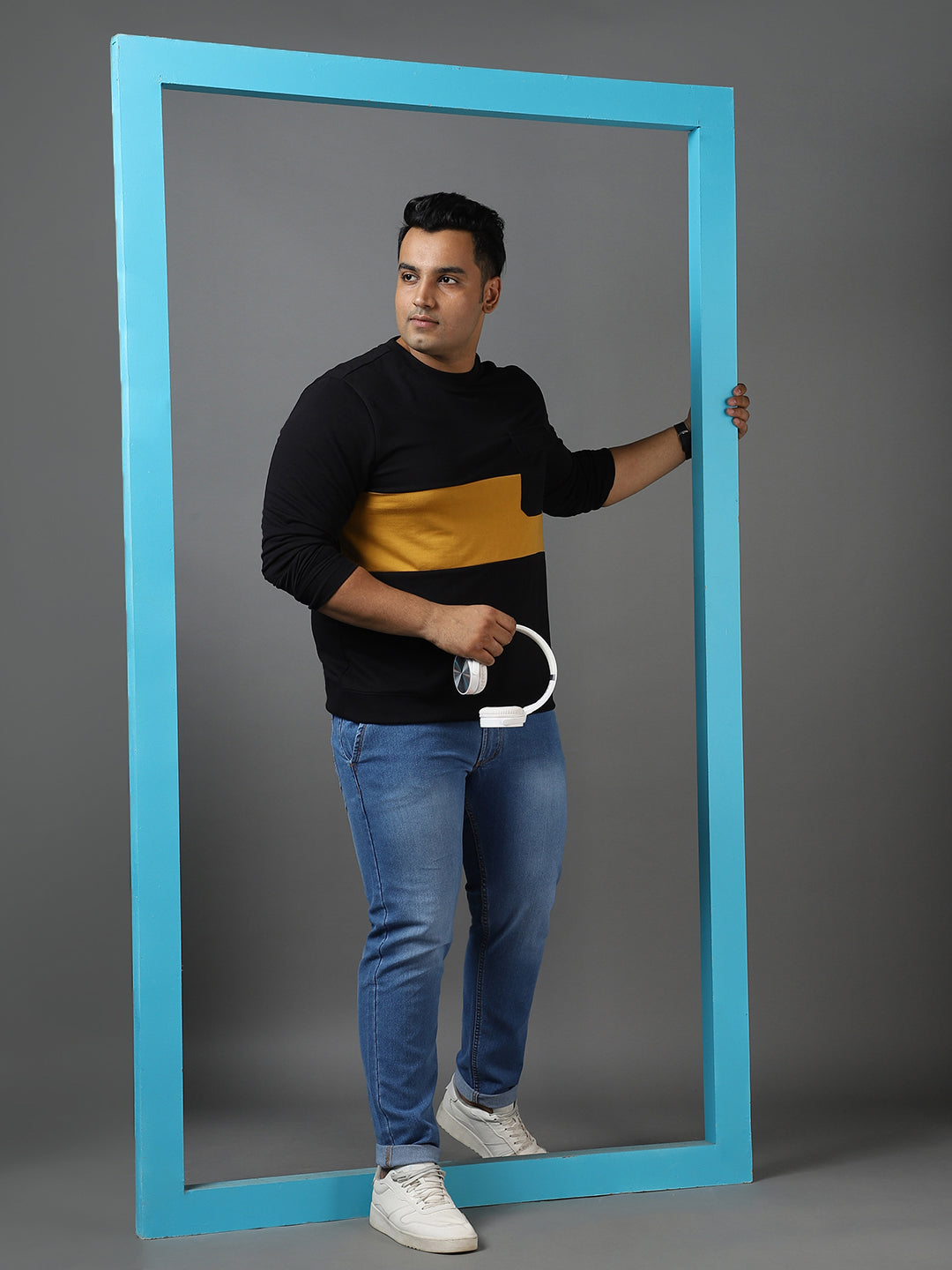 Plus Men's Black Cotton Color Block Round Neck Sweatshirt