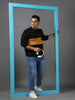 Plus Men's Black Cotton Color Block Round Neck Sweatshirt