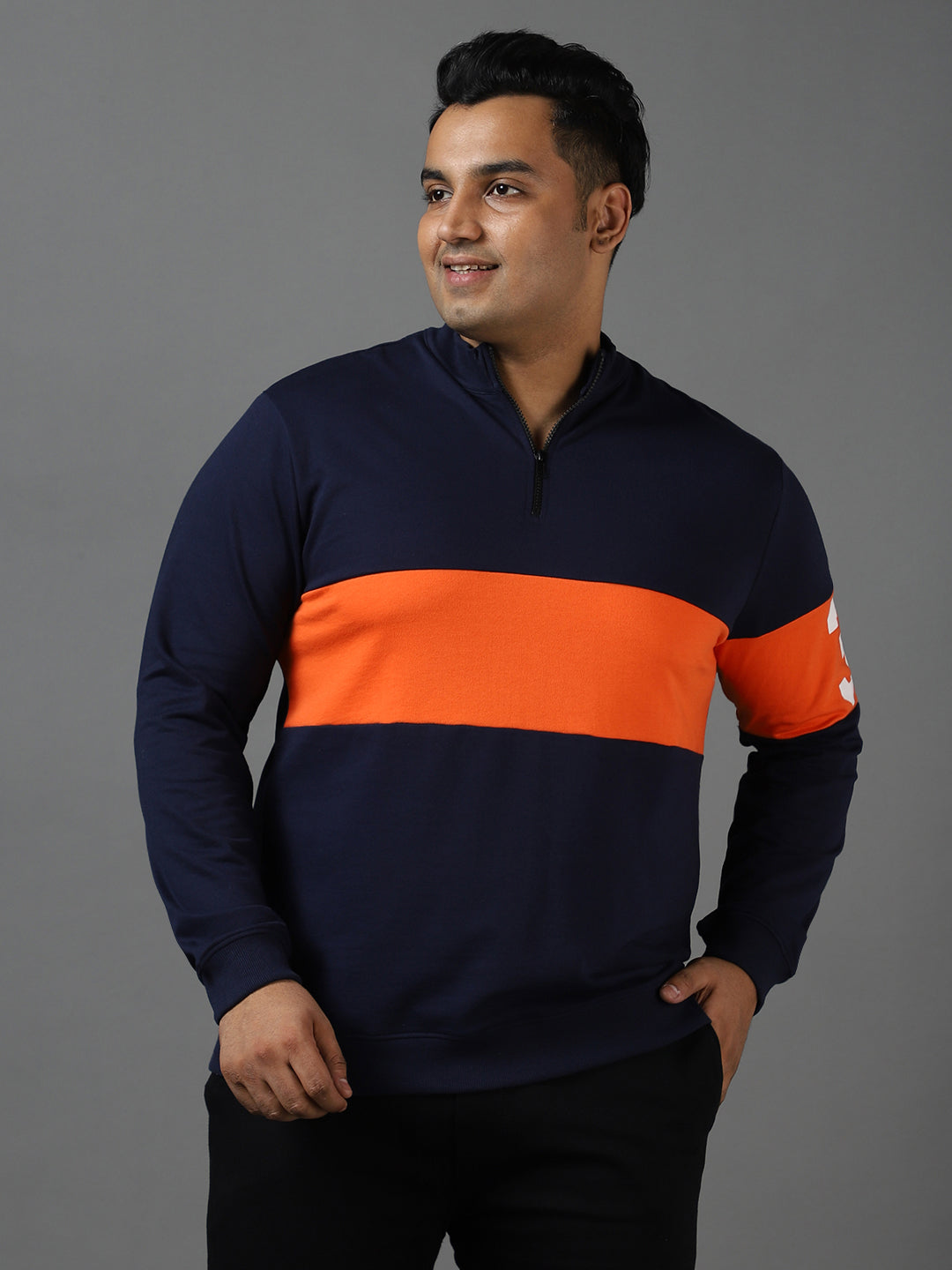 Plus Men's Dark Blue Cotton Color Block Round Neck Sweatshirt