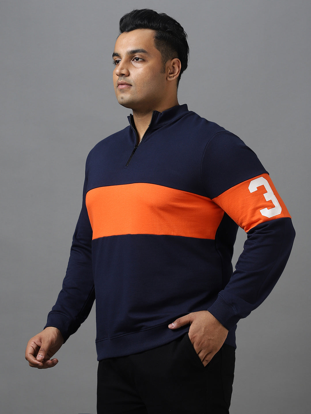 Plus Men's Dark Blue Cotton Color Block Round Neck Sweatshirt