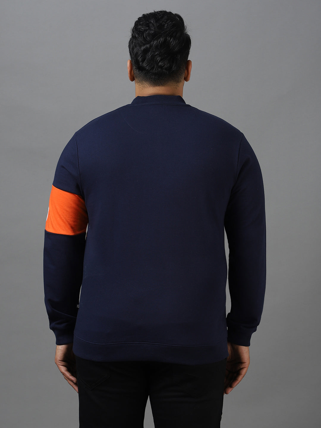 Plus Men's Dark Blue Cotton Color Block Round Neck Sweatshirt