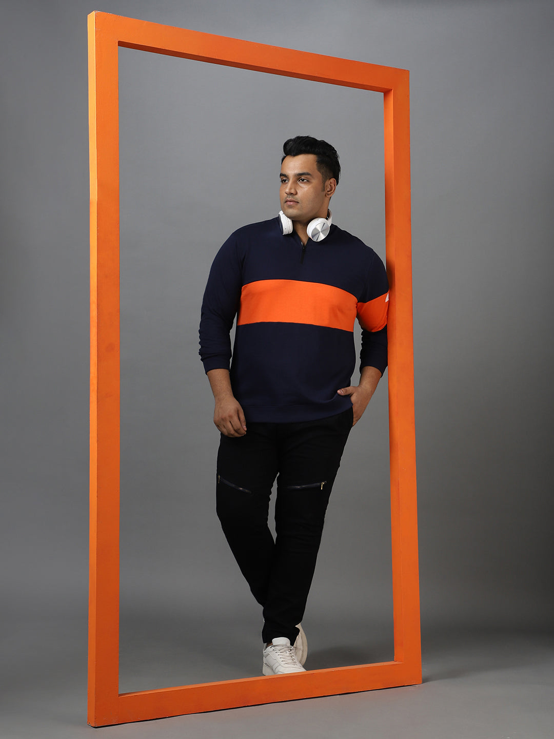 Plus Men's Dark Blue Cotton Color Block Round Neck Sweatshirt