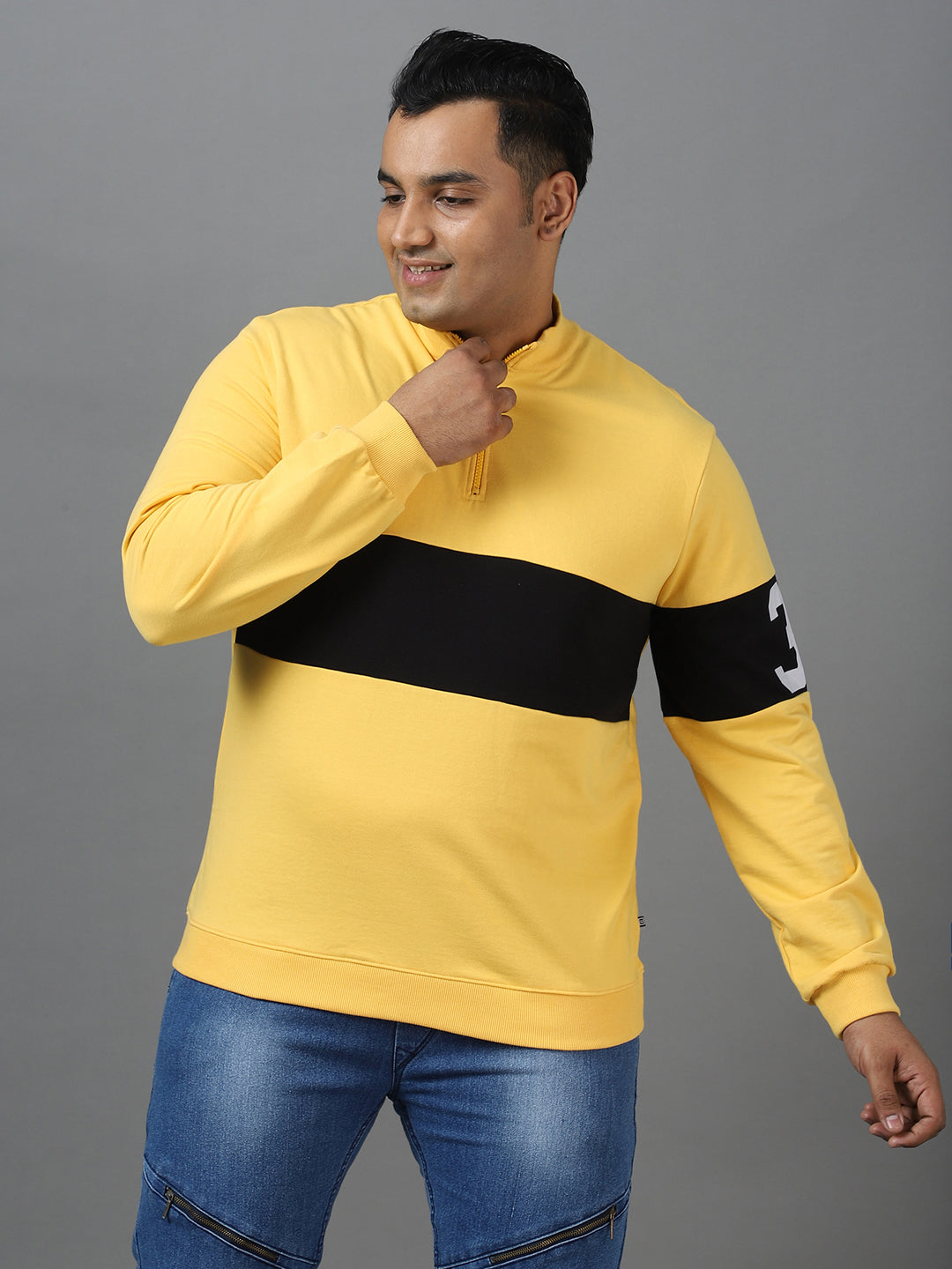 Plus Men's Yellow Cotton Color Block Round Neck Sweatshirt