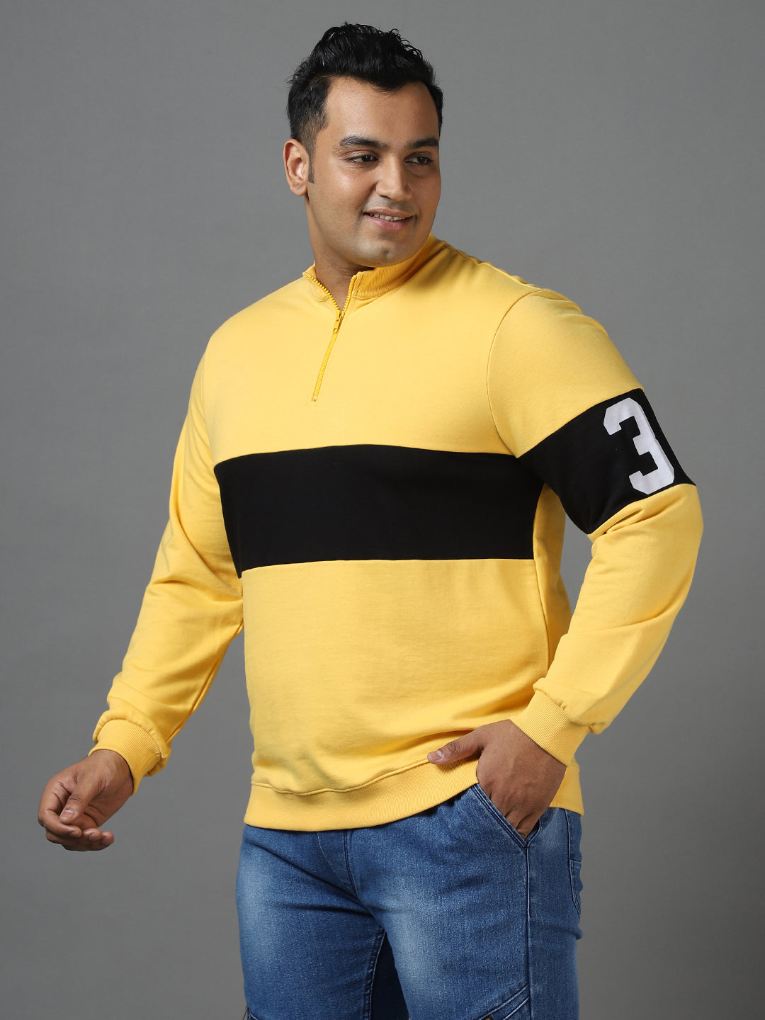 Plus Men's Yellow Cotton Color Block Round Neck Sweatshirt