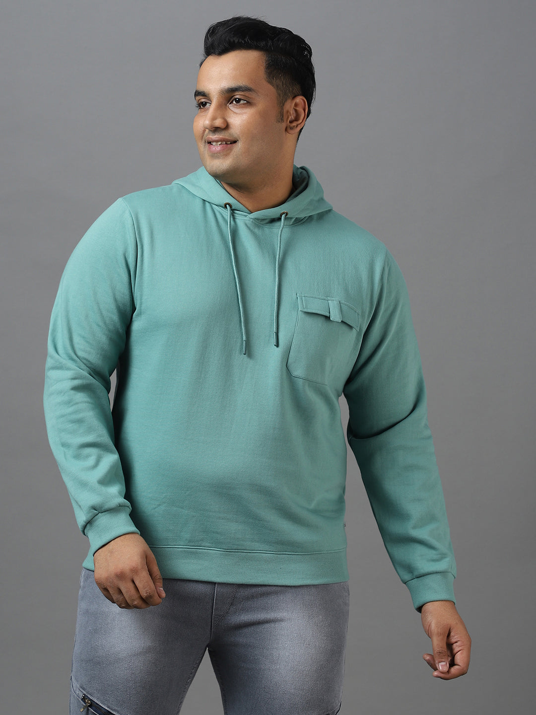 Plus Men's Light Green Cotton Solid Hooded Neck Sweatshirt