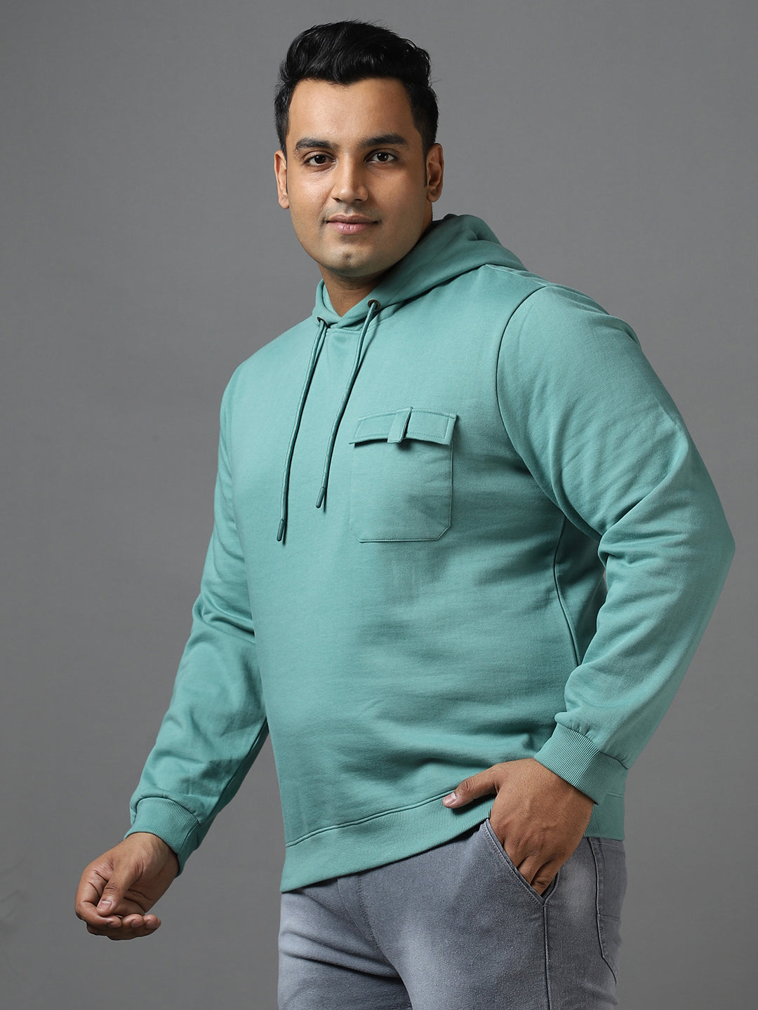 Plus Men's Light Green Cotton Solid Hooded Neck Sweatshirt