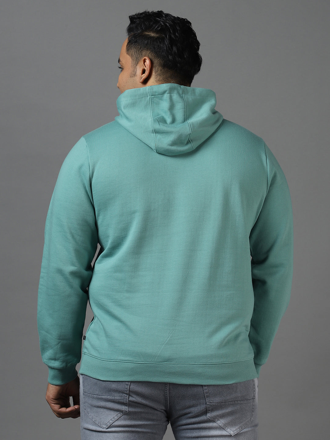 Plus Men's Light Green Cotton Solid Hooded Neck Sweatshirt