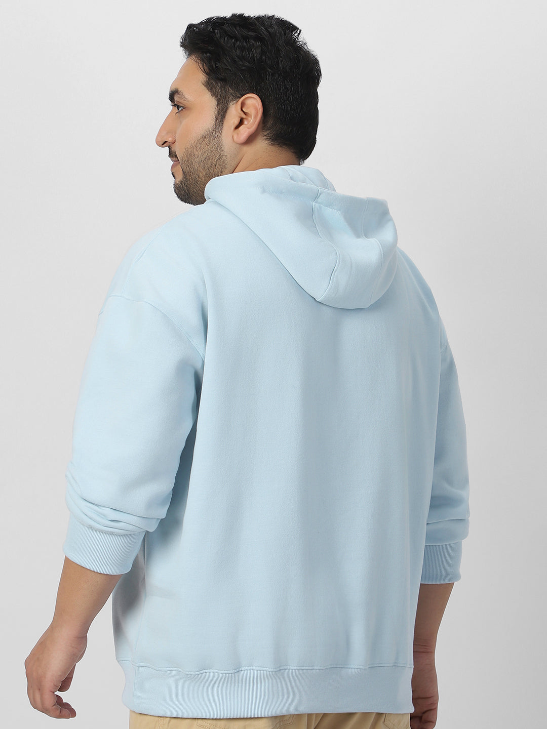 Plus Men's Ballad Blue Cotton Solid Oversized Hooded Neck Sweatshirt