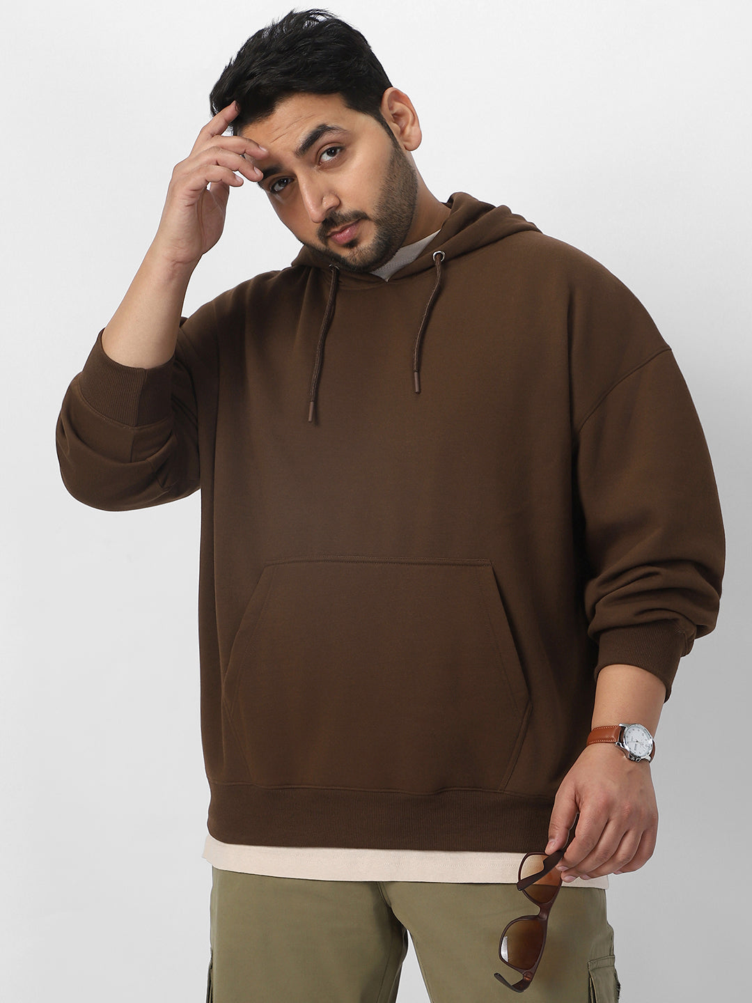 Plus Men's Chocolate Brown Cotton Solid Oversized Hooded Neck Sweatshirt