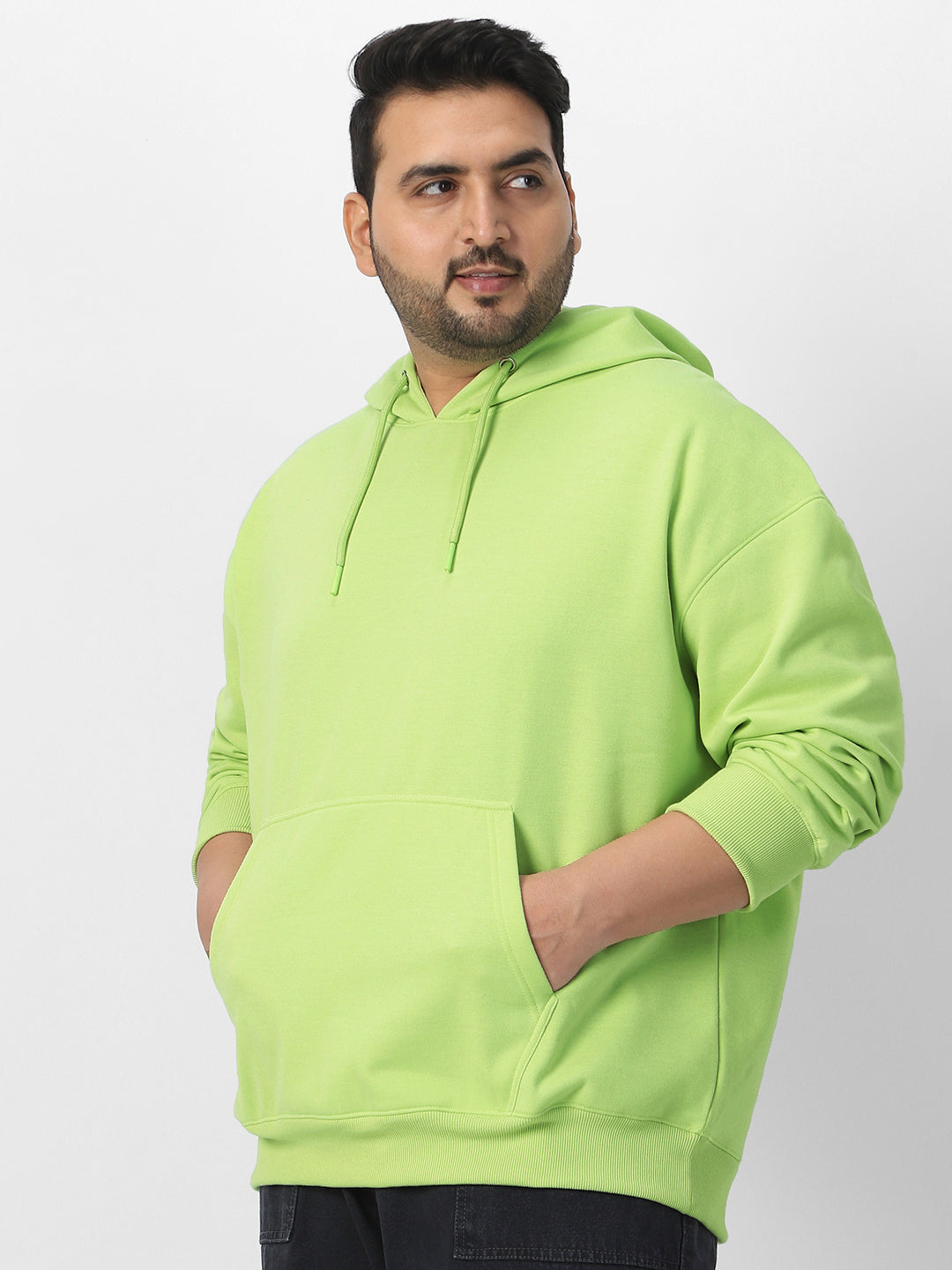 Plus Men's Cool Matcha Cotton Solid Oversized Hooded Neck Sweatshirt