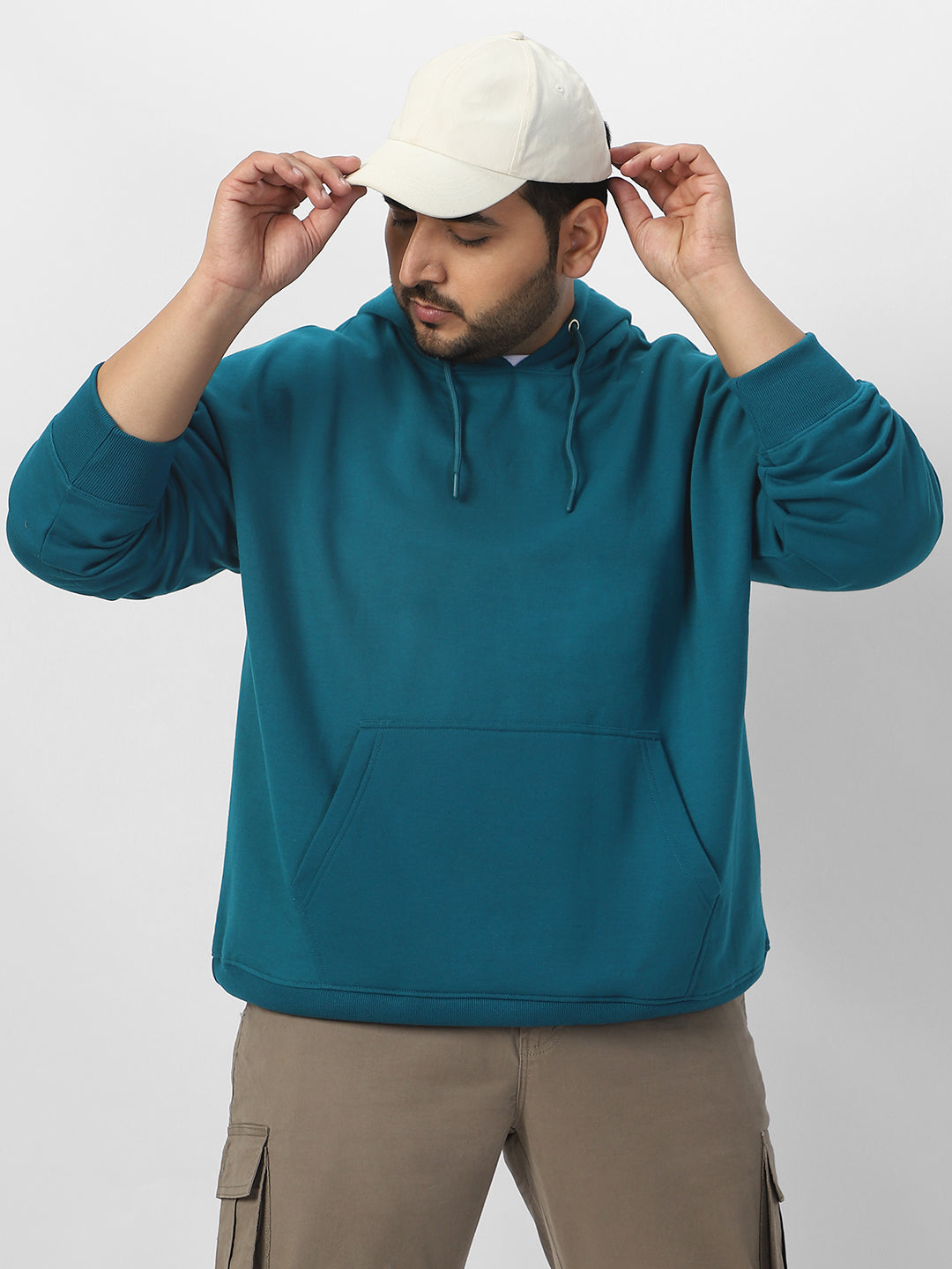 Plus Men's Fog Teal Green Cotton Solid Oversized Hooded Neck Sweatshirt