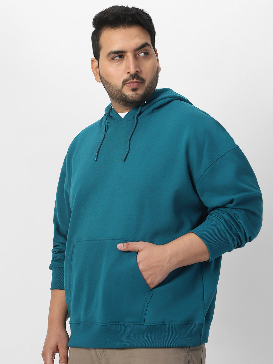 Plus Men's Fog Teal Green Cotton Solid Oversized Hooded Neck Sweatshirt