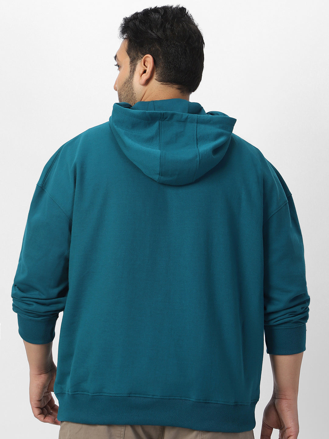 Plus Men's Fog Teal Green Cotton Solid Oversized Hooded Neck Sweatshirt