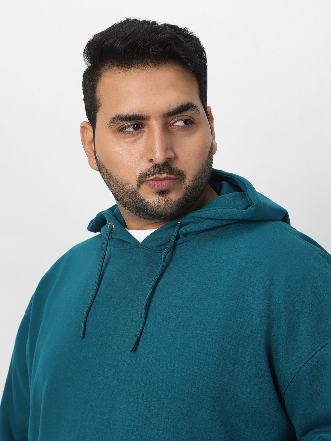 Plus Men's Fog Teal Green Cotton Solid Oversized Hooded Neck Sweatshirt