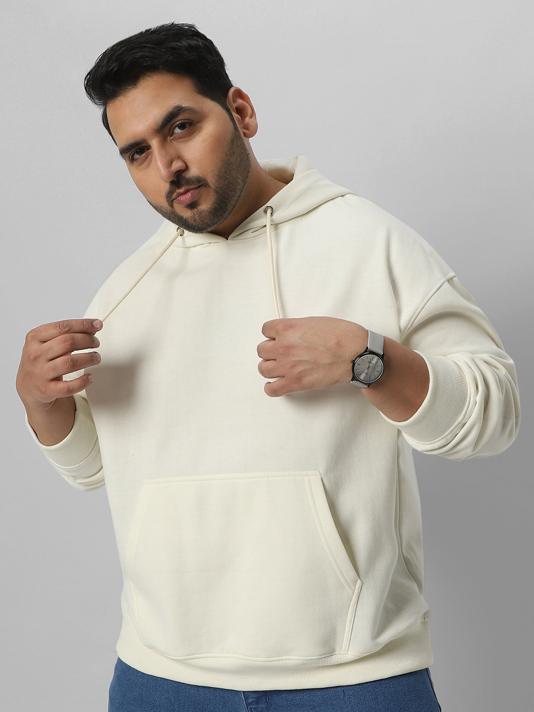 Plus Men's Ivory Cotton Solid Oversized Hooded Neck Sweatshirt