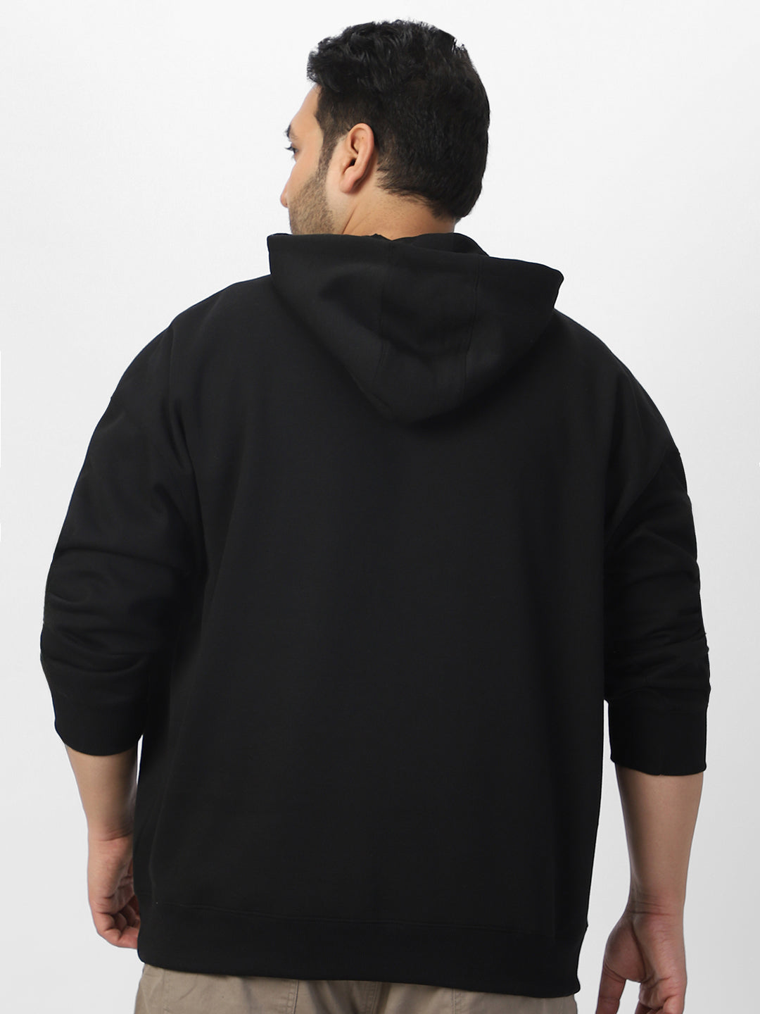 Plus Men's Jet Black Cotton Solid Oversized Hooded Neck Sweatshirt