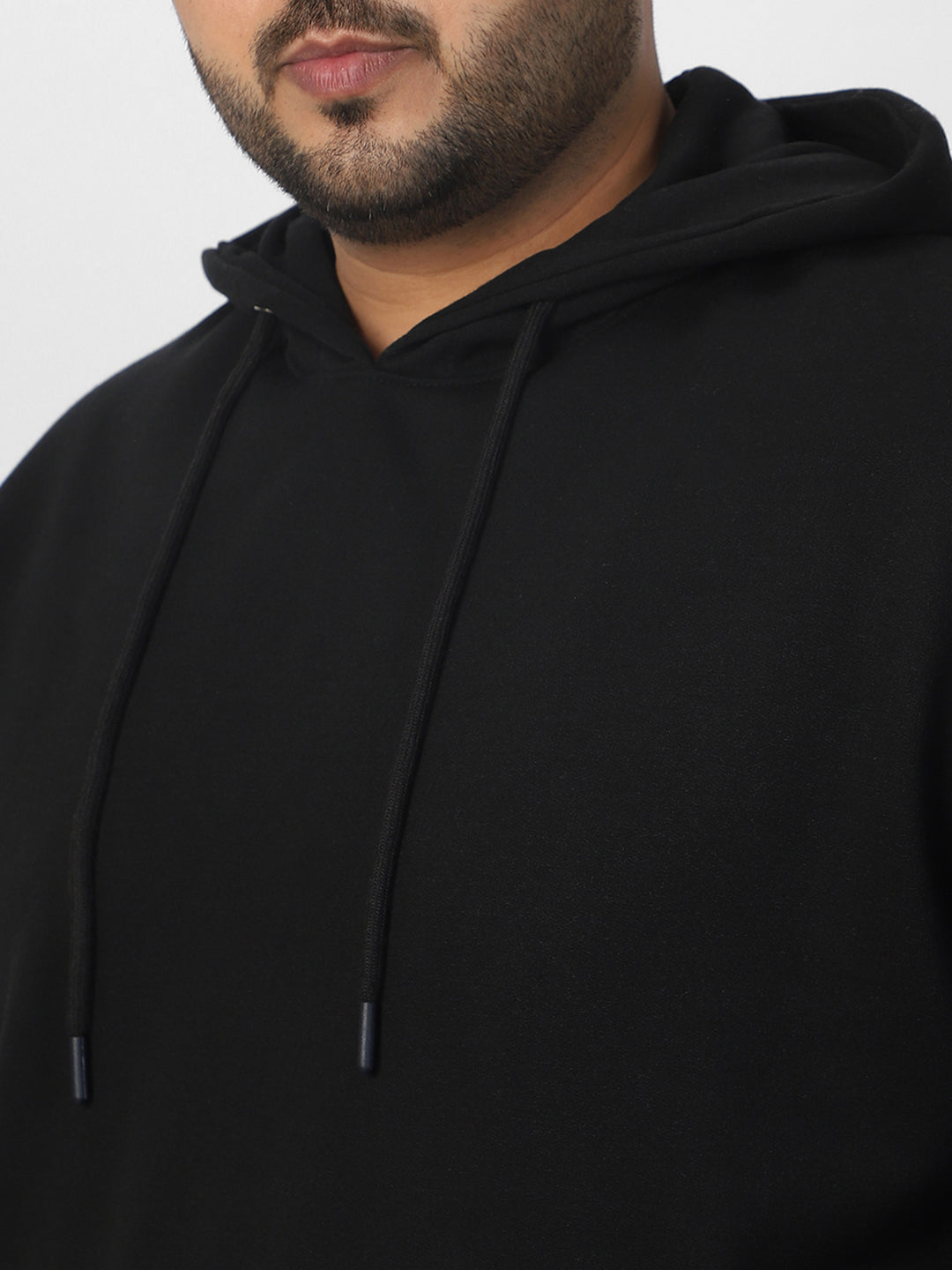 Plus Men's Jet Black Cotton Solid Oversized Hooded Neck Sweatshirt