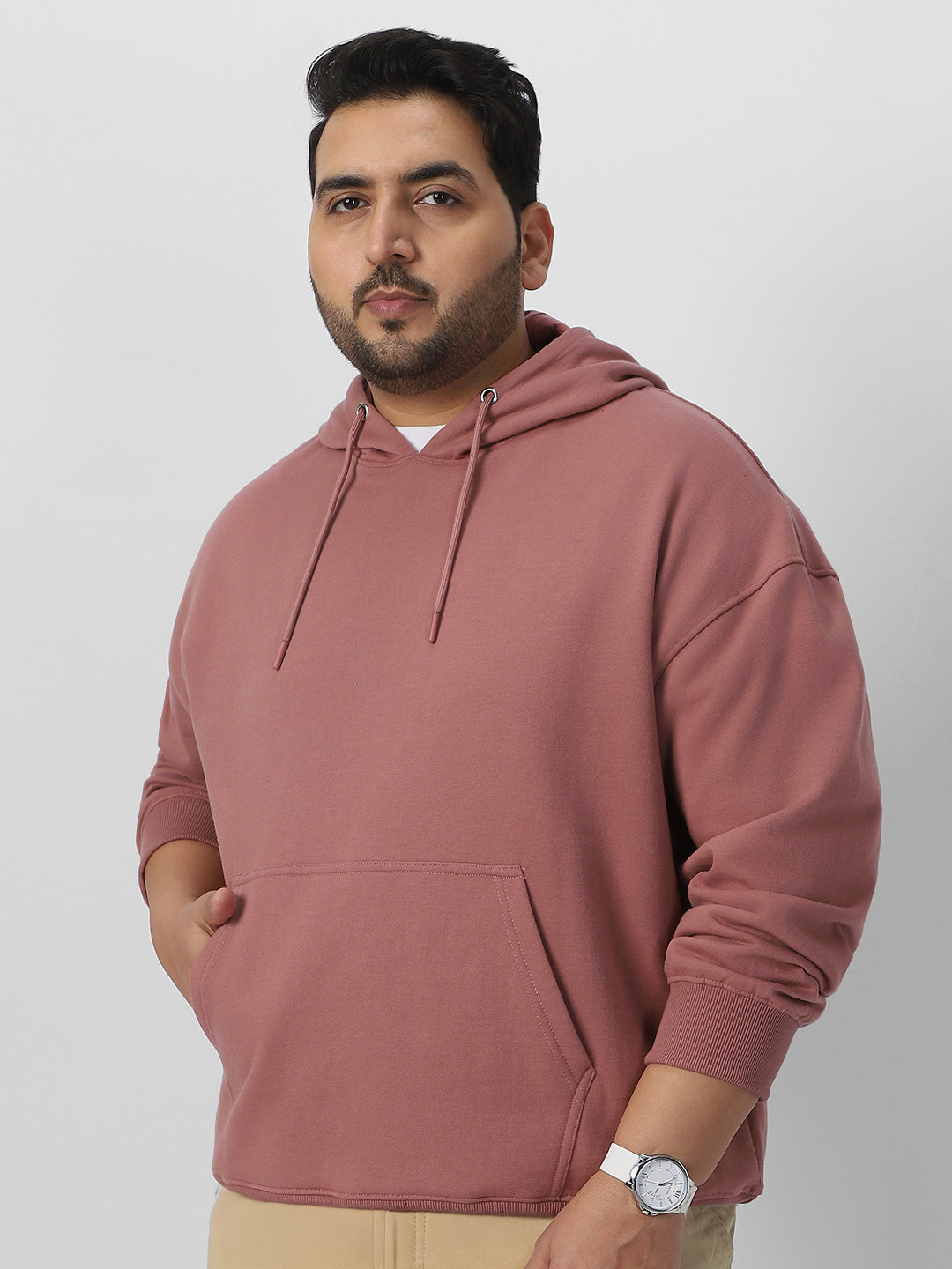 Plus Men's Old Rose Cotton Solid Oversized Hooded Neck Sweatshirt