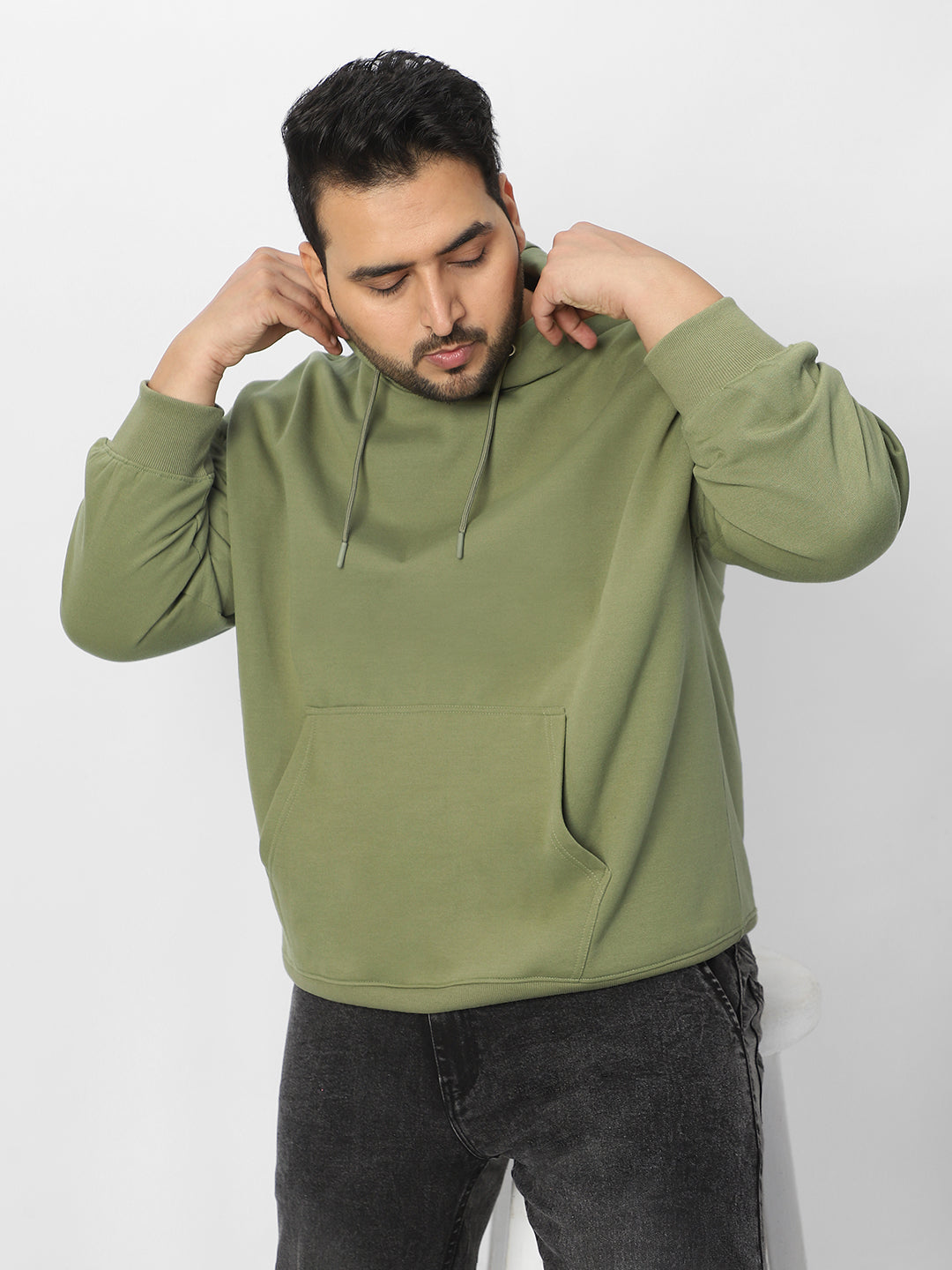 Plus Men's Potent Olive Cotton Solid Oversized Hooded Neck Sweatshirt