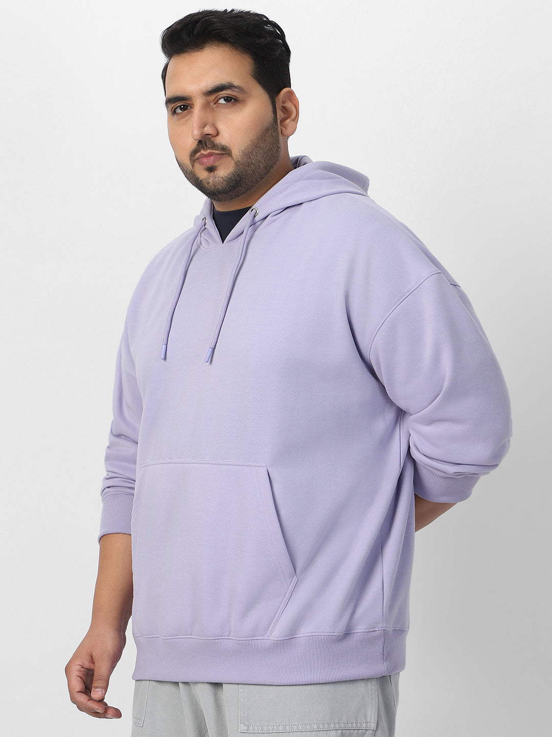 Plus Men's Purple Heather Cotton Solid Oversized Hooded Neck Sweatshirt