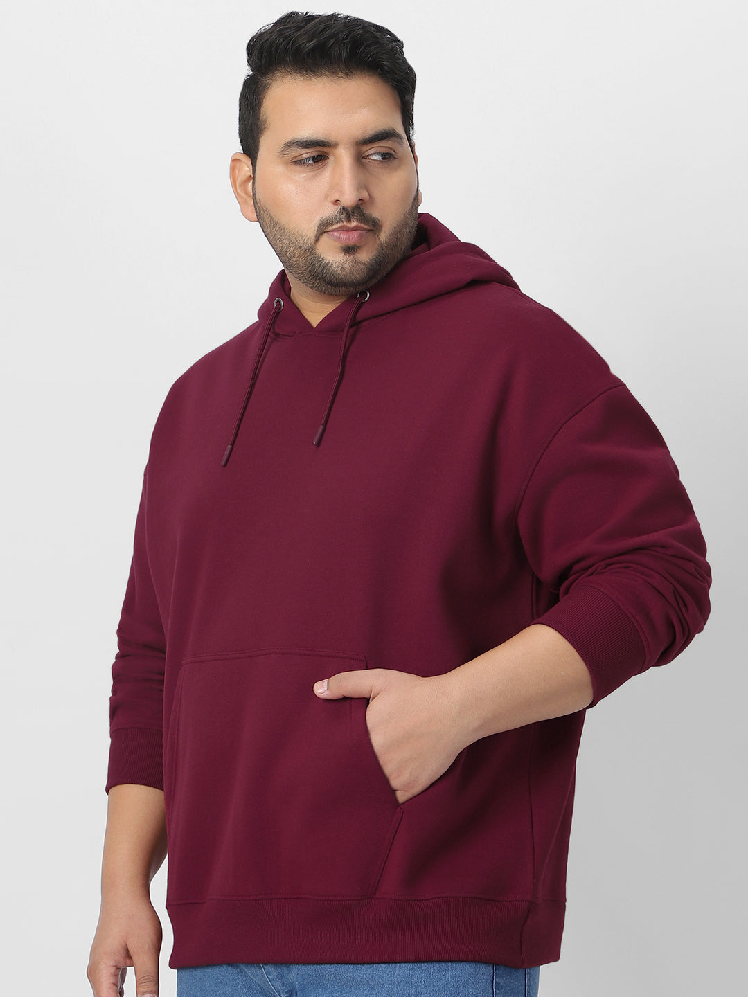 Plus Men's Maroon Cotton Solid Oversized Hooded Neck Sweatshirt