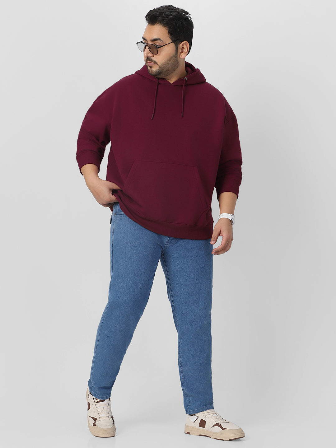 Plus Men's Maroon Cotton Solid Oversized Hooded Neck Sweatshirt