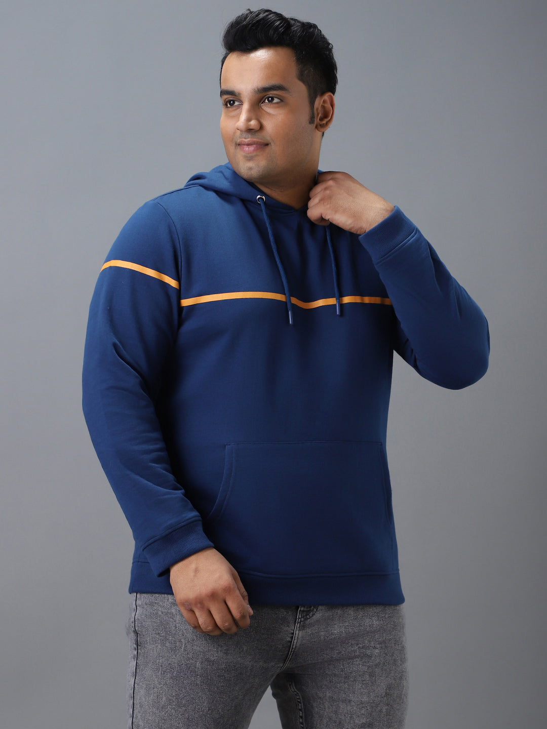 Plus Men's Blue Cotton Solid Hooded Neck Sweatshirt