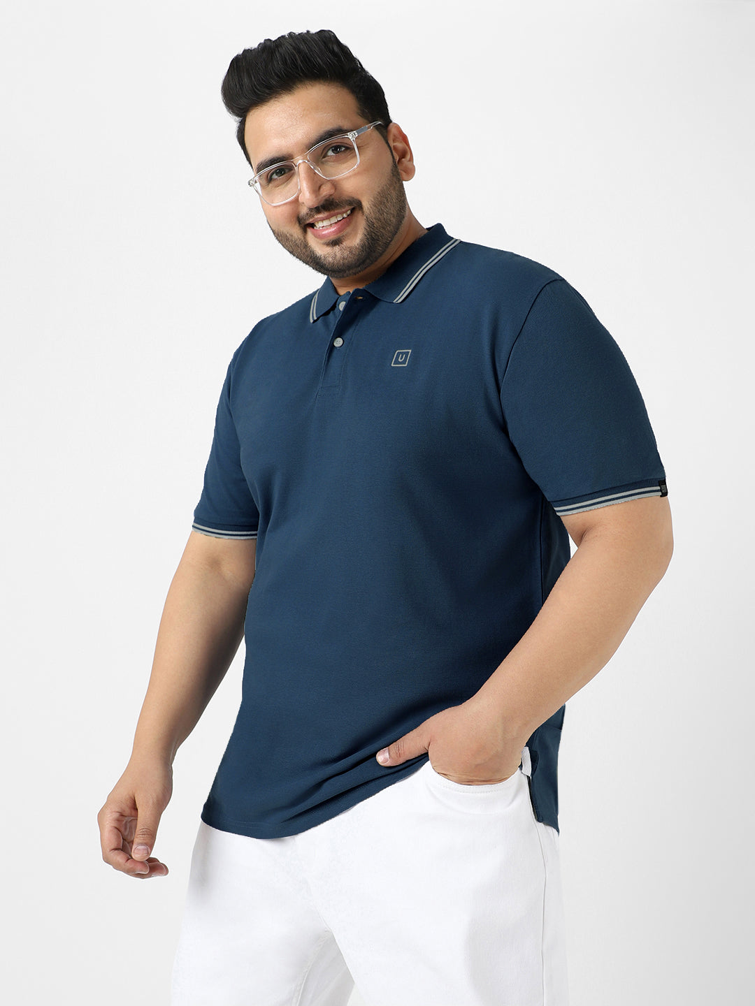 Plus Men's Airforce Blue Solid Regular Fit Half Sleeve Cotton Polo T-Shirt