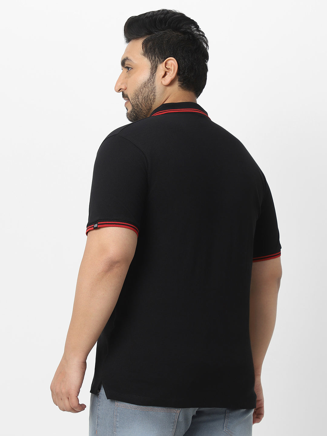 Plus Men's Black Solid Cotton Polo T-Shirt