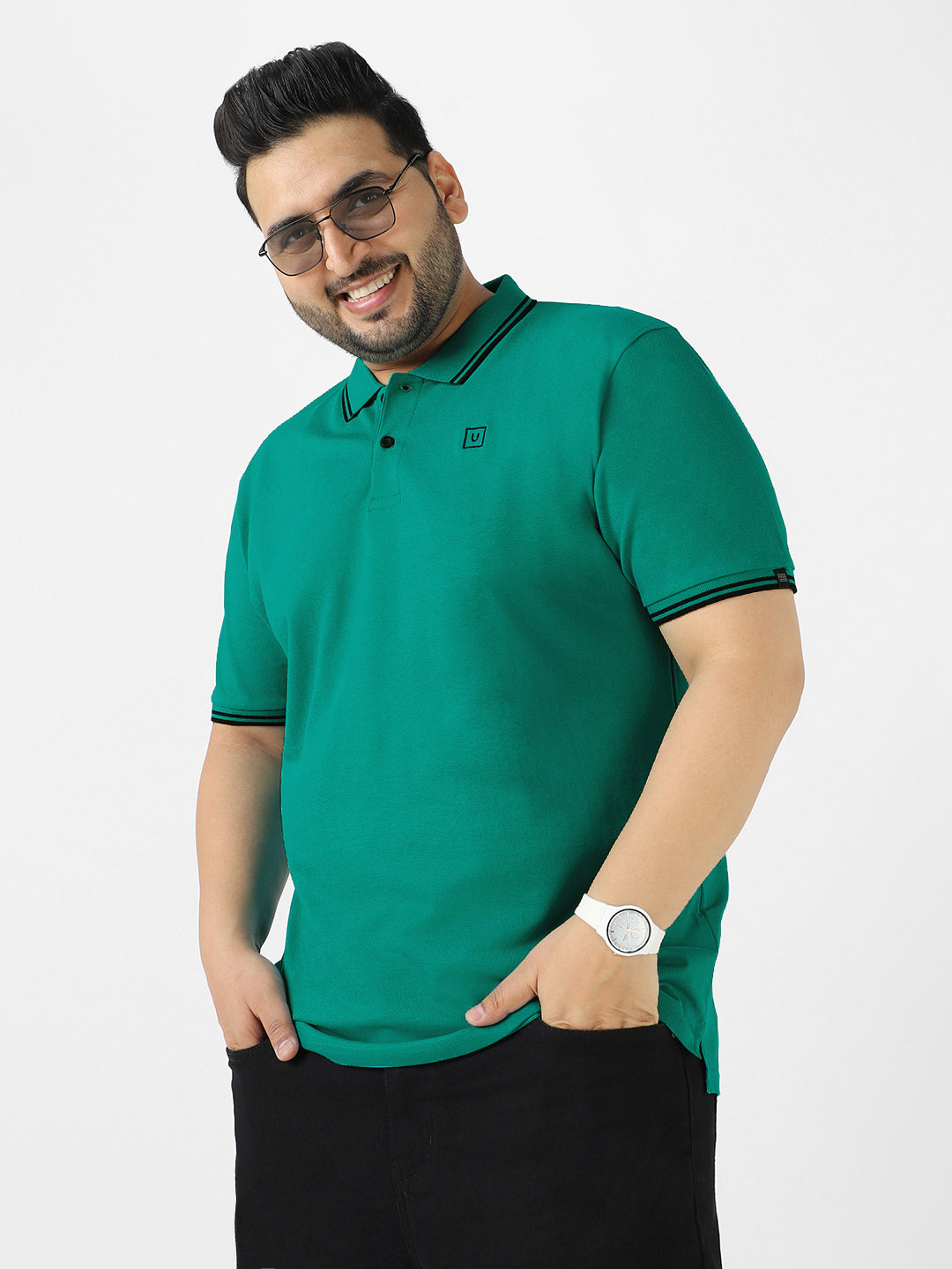 Plus Men's Teal Green Solid Cotton Polo T-Shirt