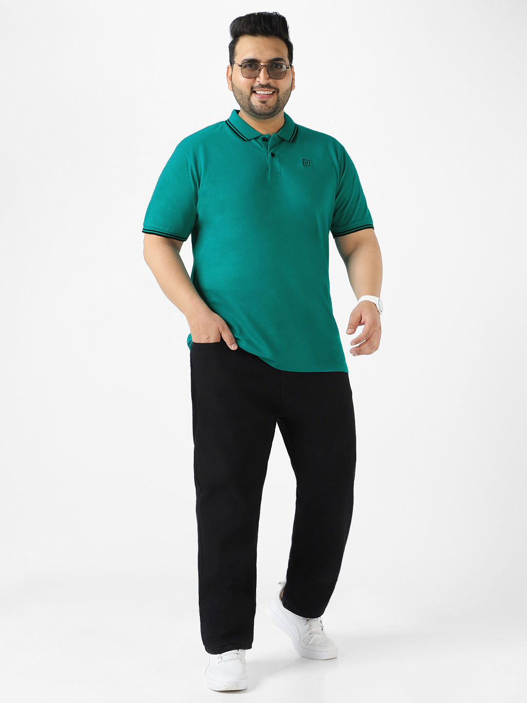 Plus Men's Teal Green Solid Cotton Polo T-Shirt