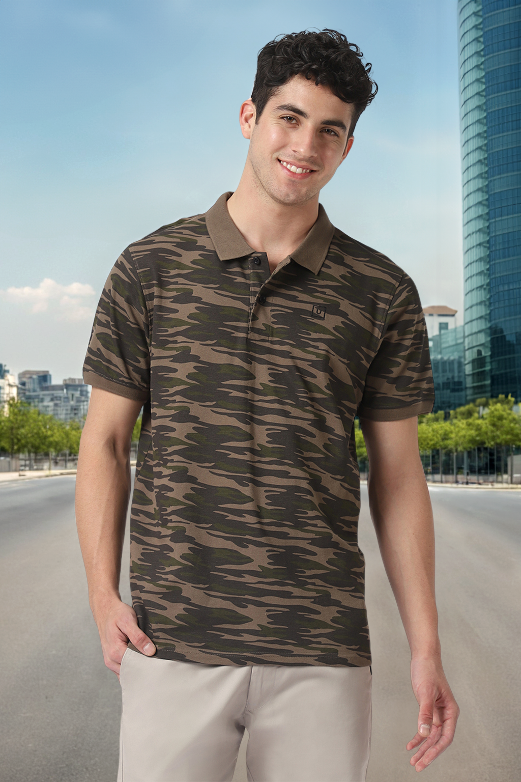 Men's Green, Dark Green Military Camouflage Printed Slim Fit Cotton Polo T-Shirt