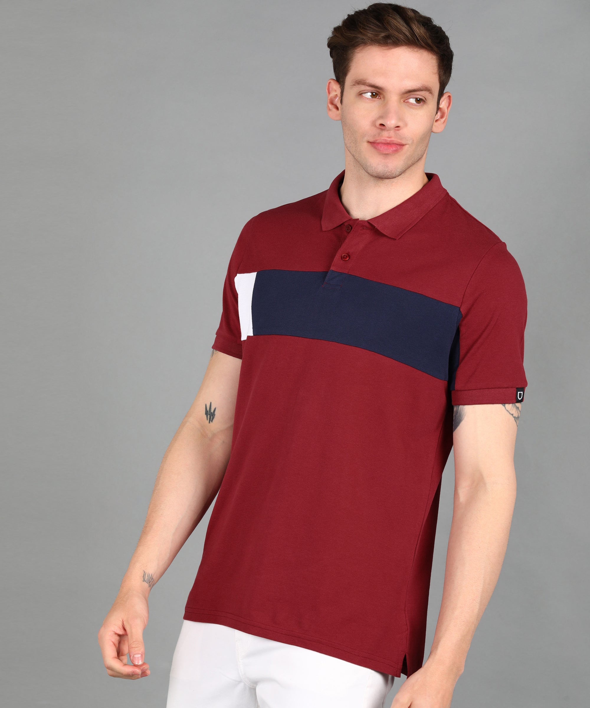 Men's Maroon, Yellow, White Colour-Block Slim Fit Half Sleeve Cotton Polo T-Shirt