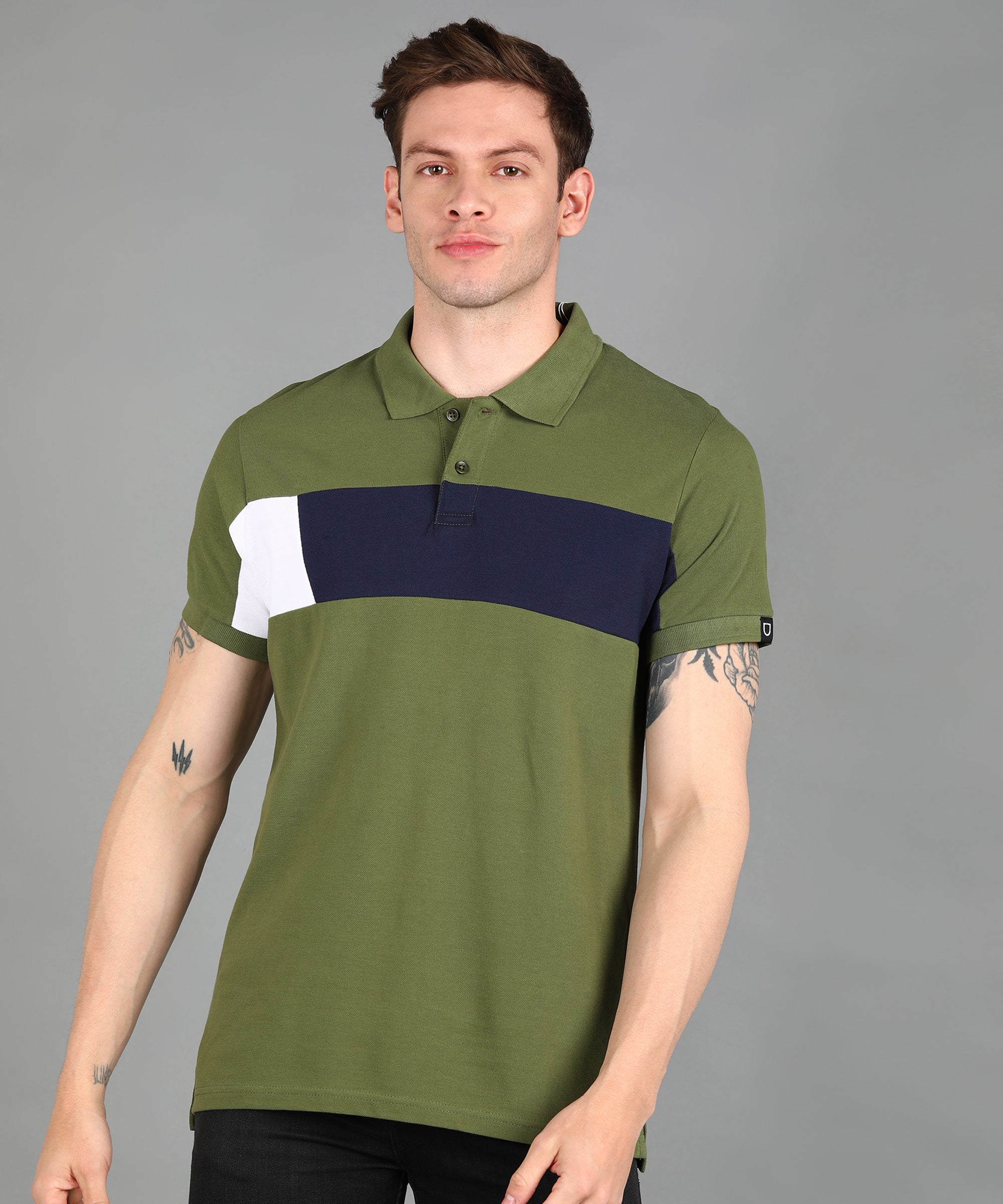 Men's Olive, Navy, White Colour-Block Slim Fit Half Sleeve Cotton Polo T-Shirt