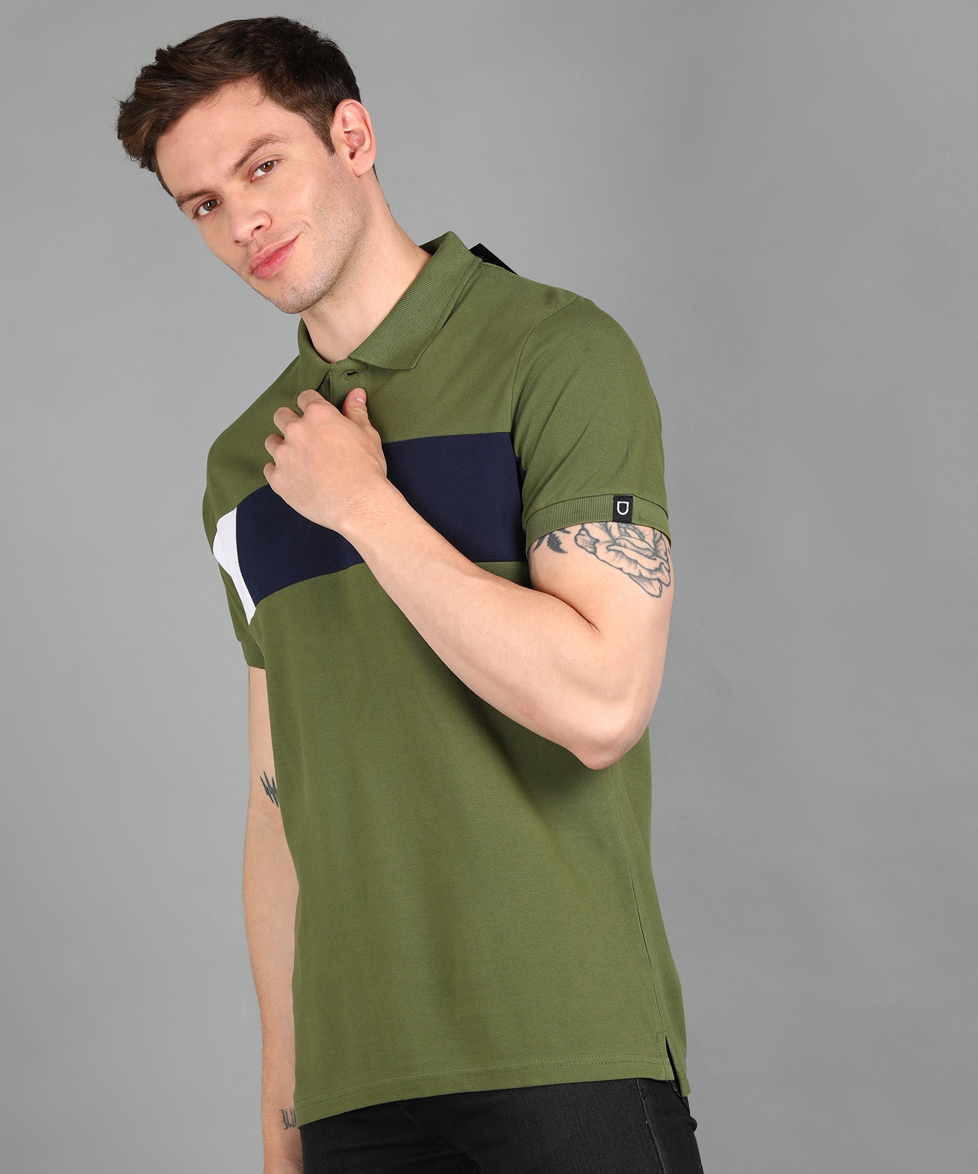 Men's Olive, Navy, White Colour-Block Slim Fit Half Sleeve Cotton Polo T-Shirt