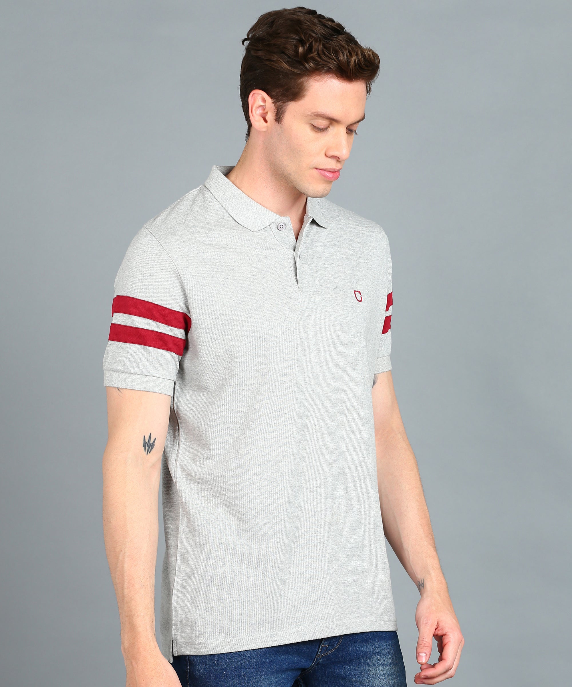 Men's Grey Melange, Maroon Colour-Block Slim Fit Half Sleeve Cotton Polo T-Shirt