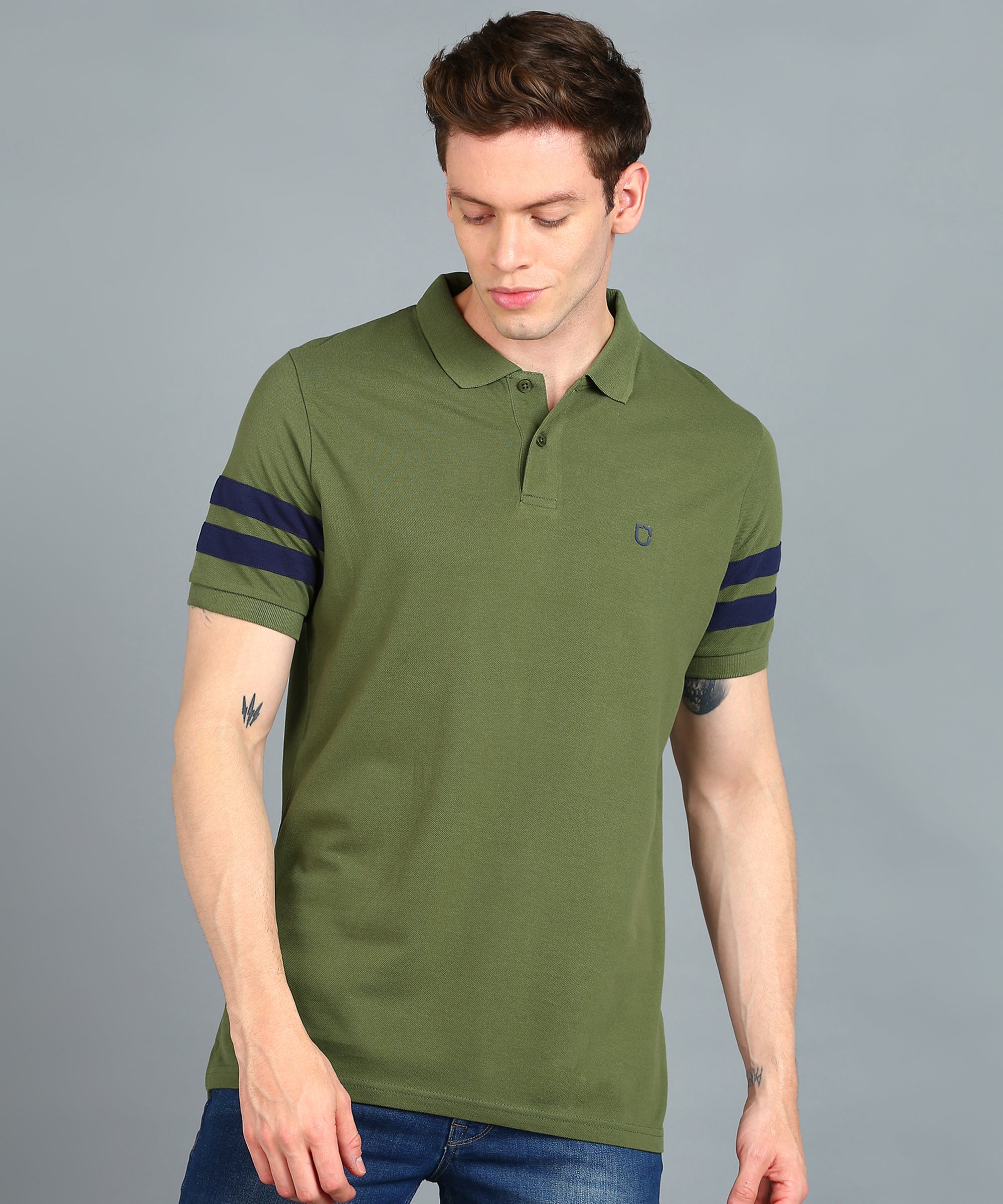 Men's Olive, Navy Blue Colour-Block Slim Fit Half Sleeve Cotton Polo T-Shirt