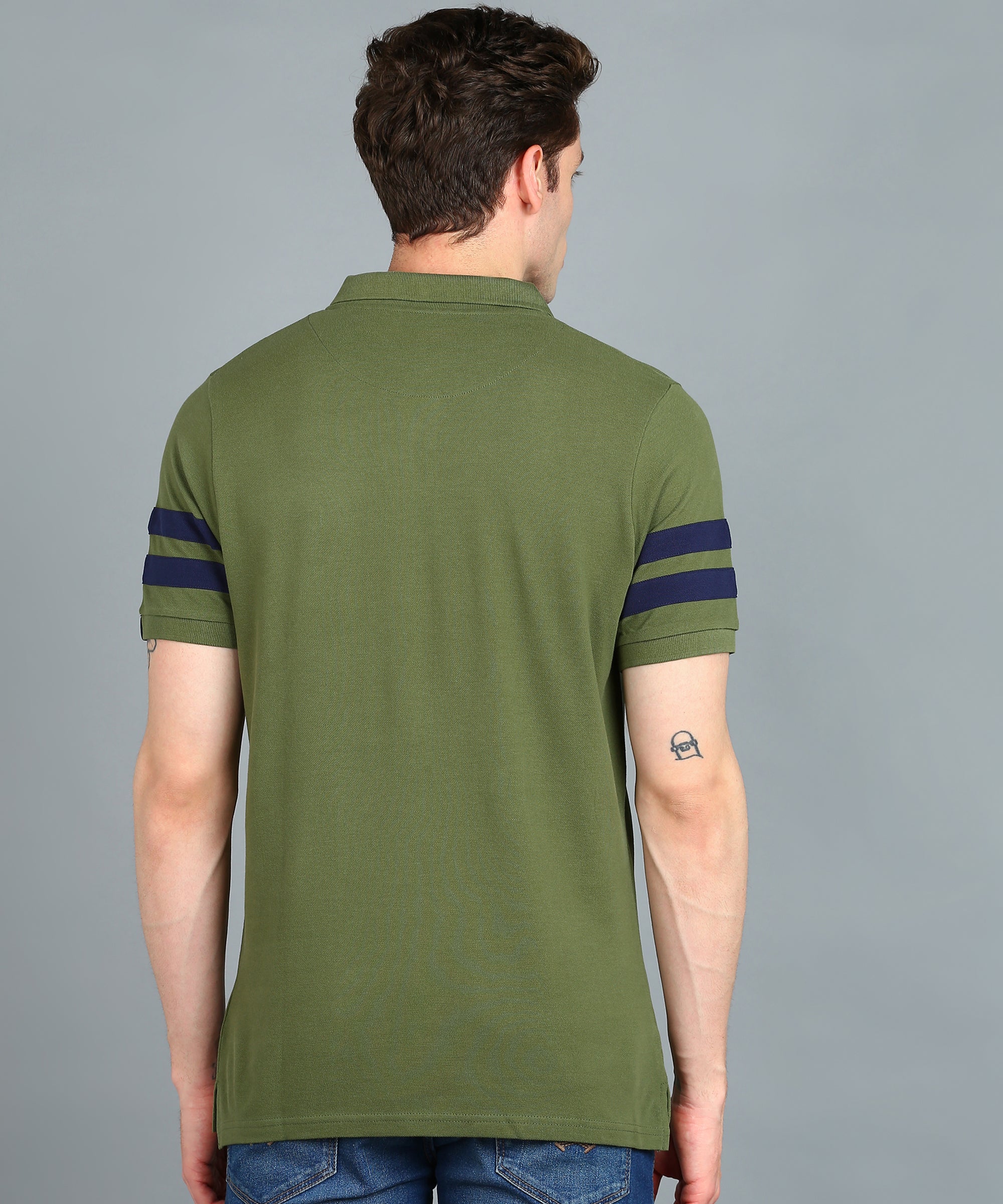 Men's Olive, Navy Blue Colour-Block Slim Fit Half Sleeve Cotton Polo T-Shirt