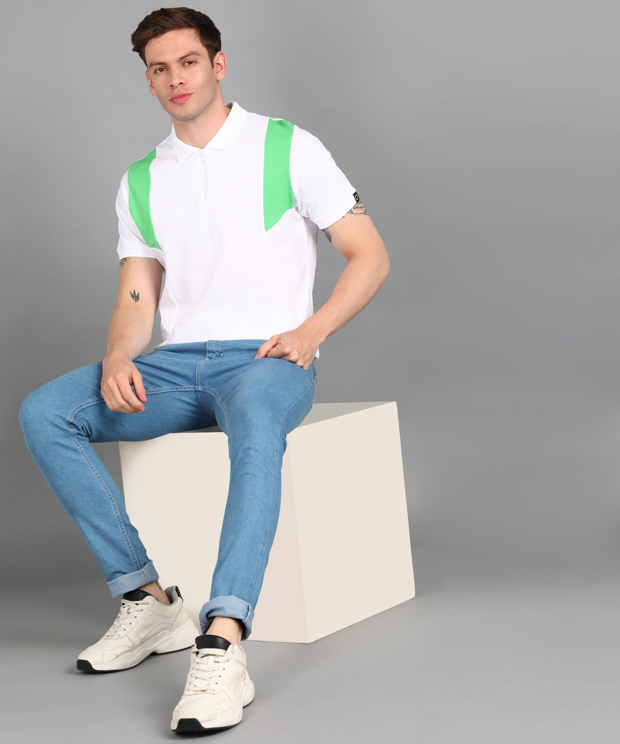 Men's White, Beige, Mint Colour-Block Slim Fit Half Sleeve Cotton Polo T-Shirt