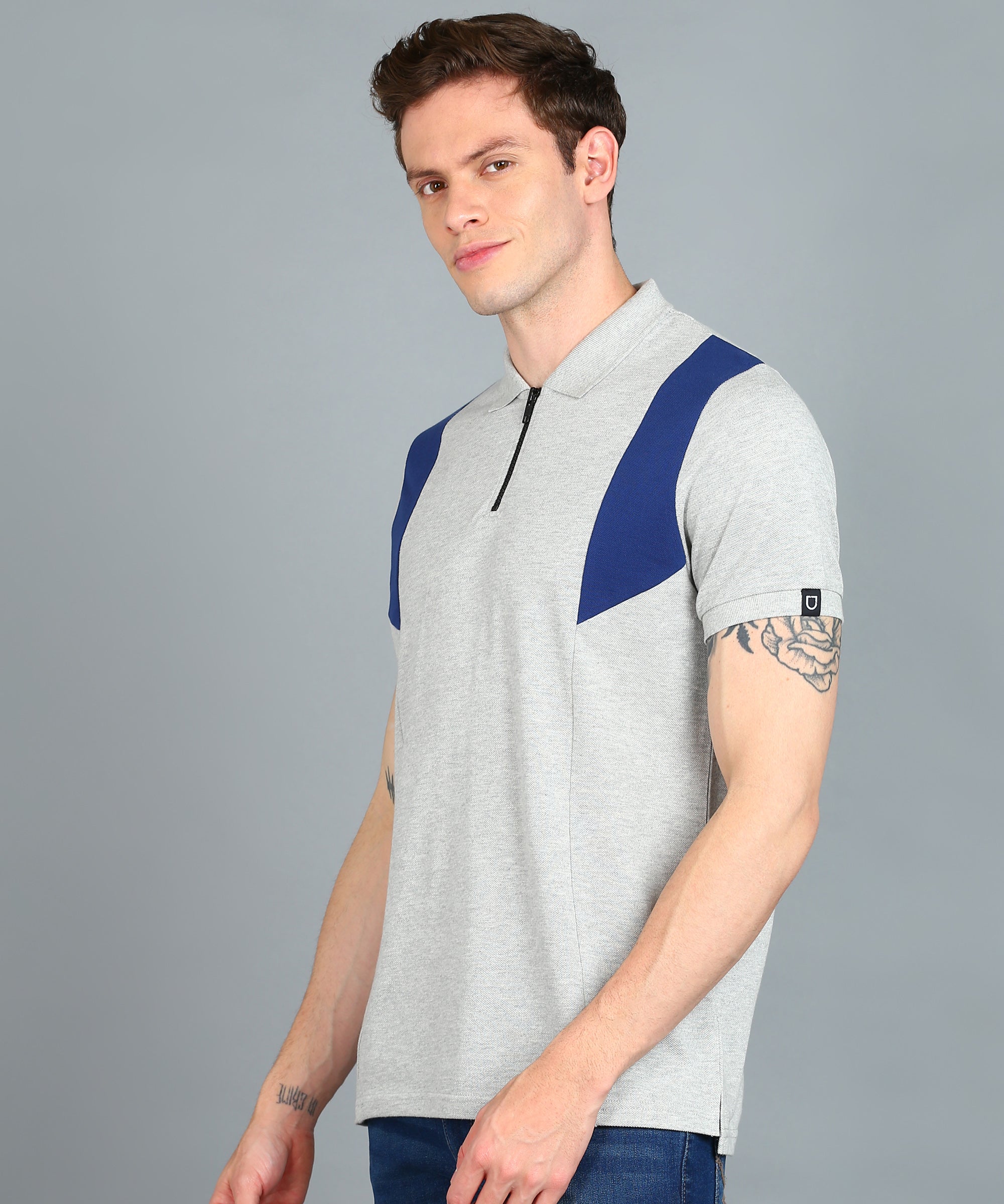 Men's White, Grey Melange, Dark Blue Colour-Block Slim Fit Half Sleeve Cotton Polo T-Shirt