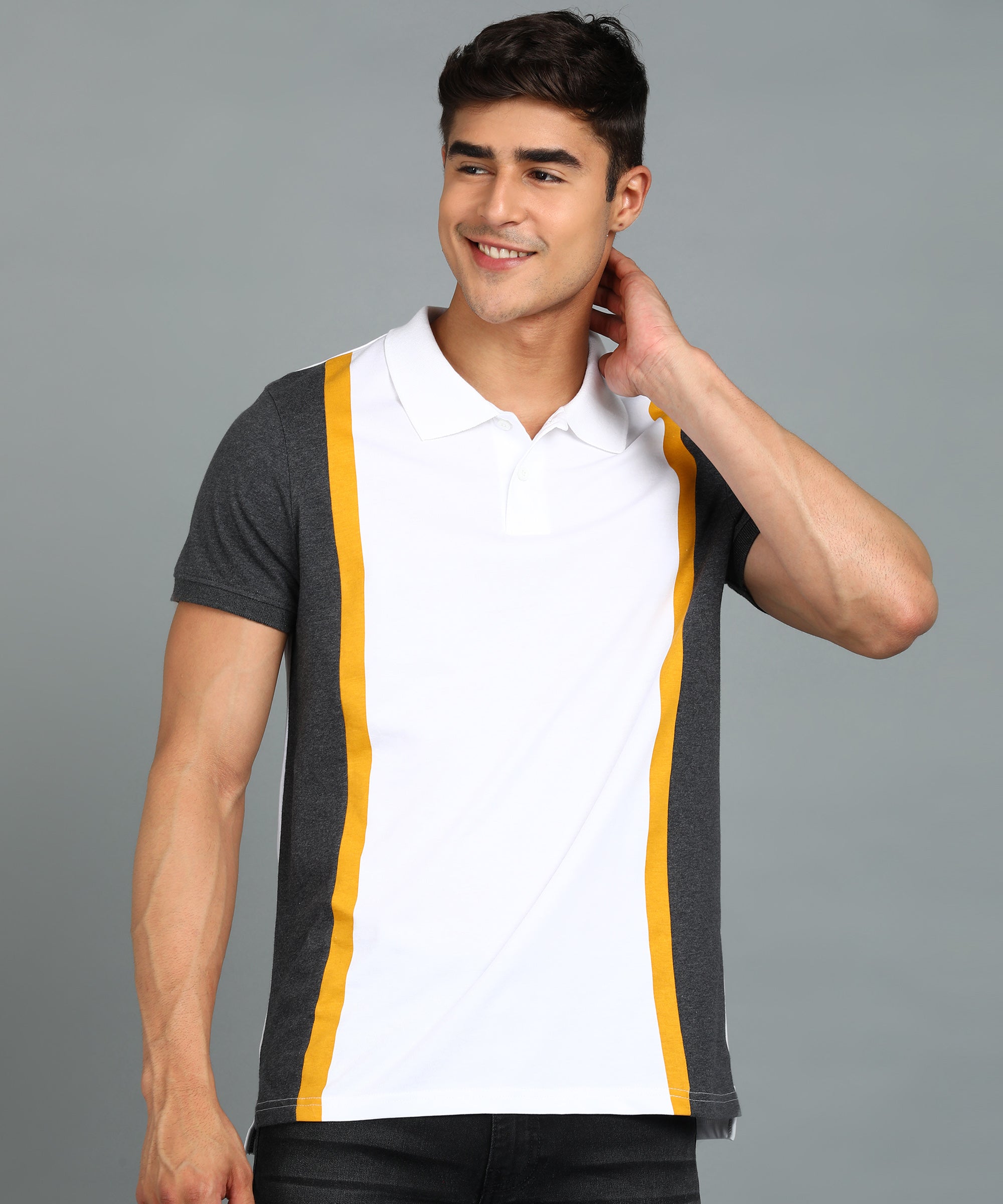 Men's White, Anthra Melange, Gold Colour-Block Slim Fit Half Sleeve Cotton Polo T-Shirt