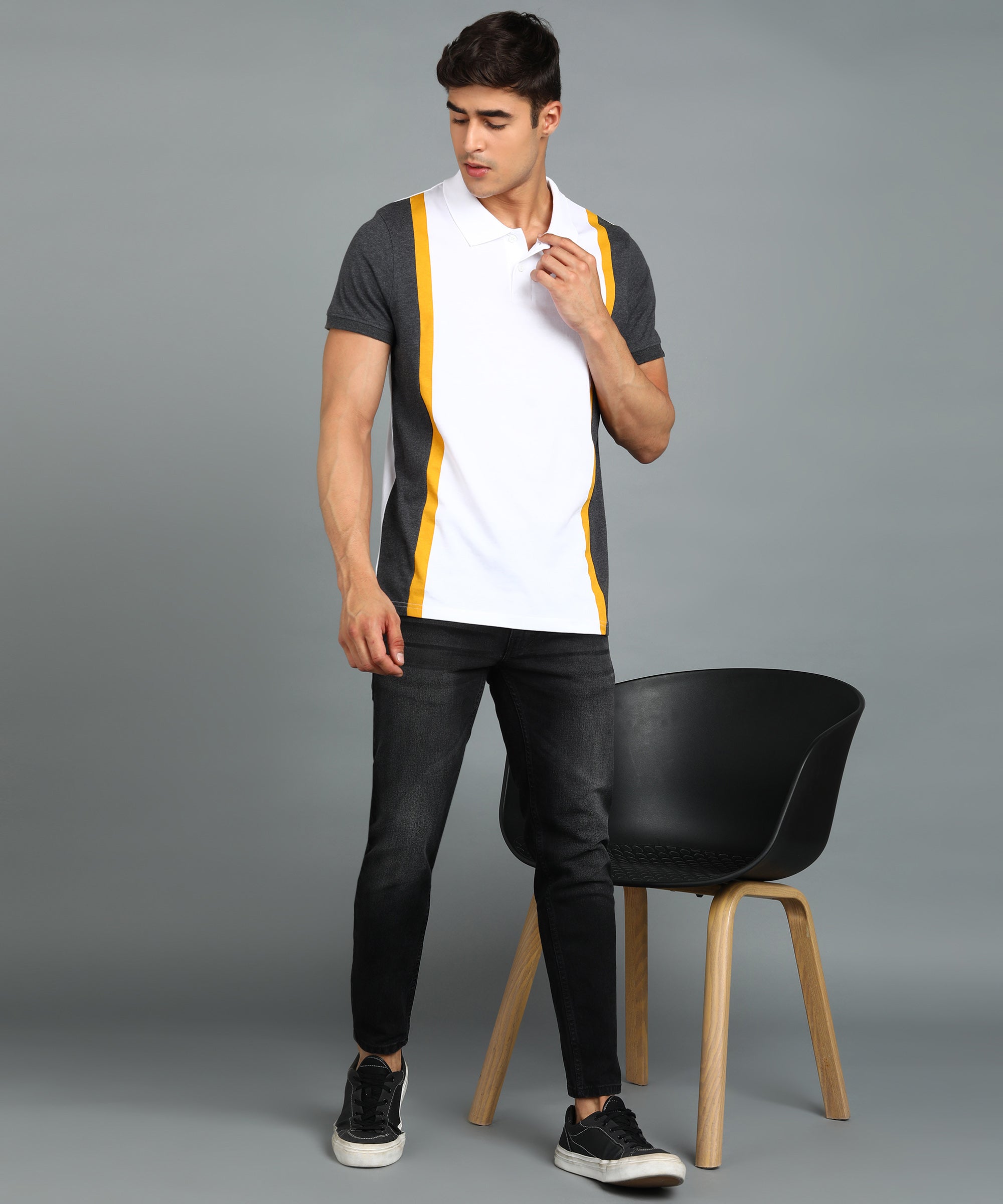 Men's White, Anthra Melange, Gold Colour-Block Slim Fit Half Sleeve Cotton Polo T-Shirt