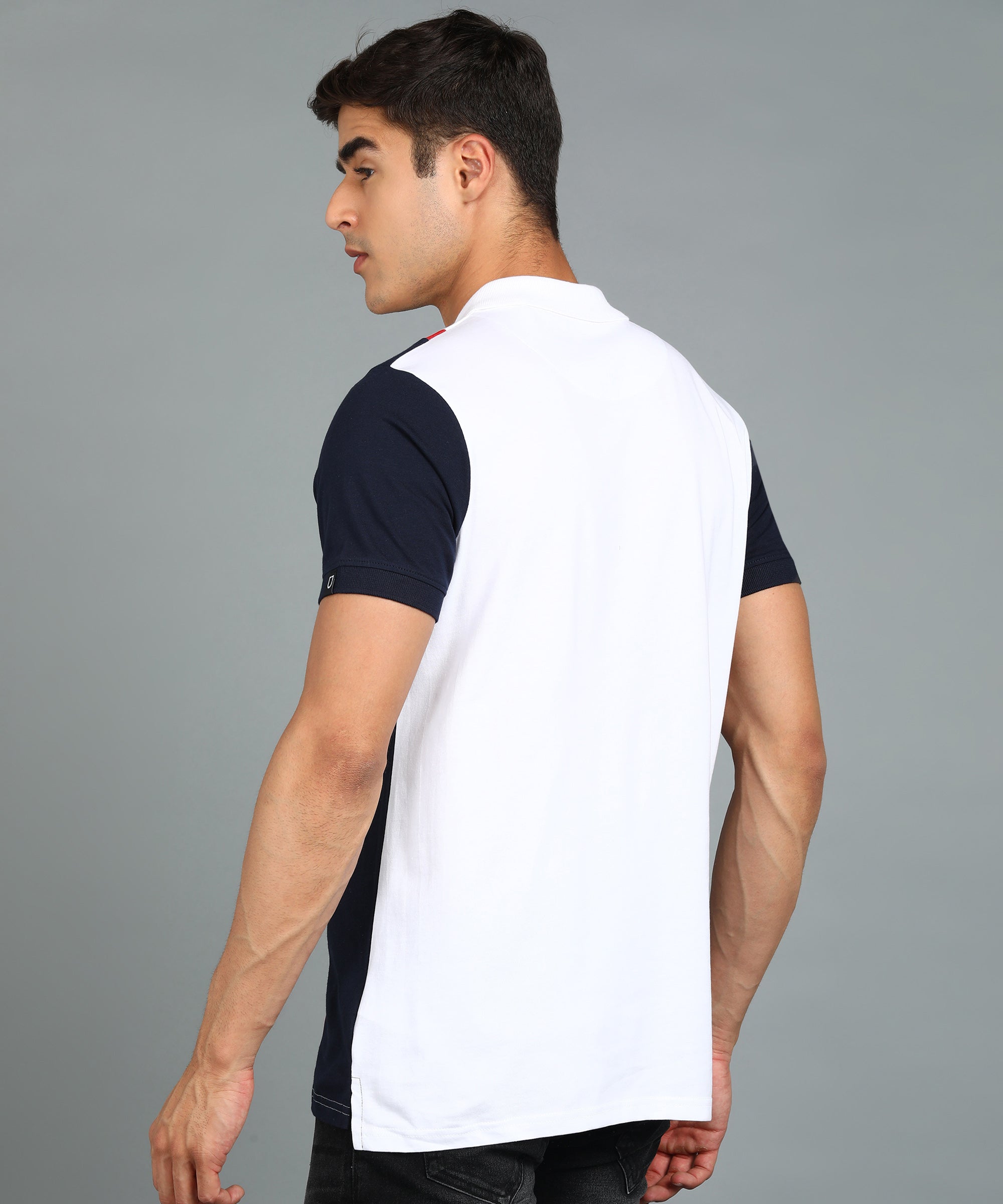 Men's White, Navy Blue Colour-Block Slim Fit Half Sleeve Cotton Polo T-Shirt