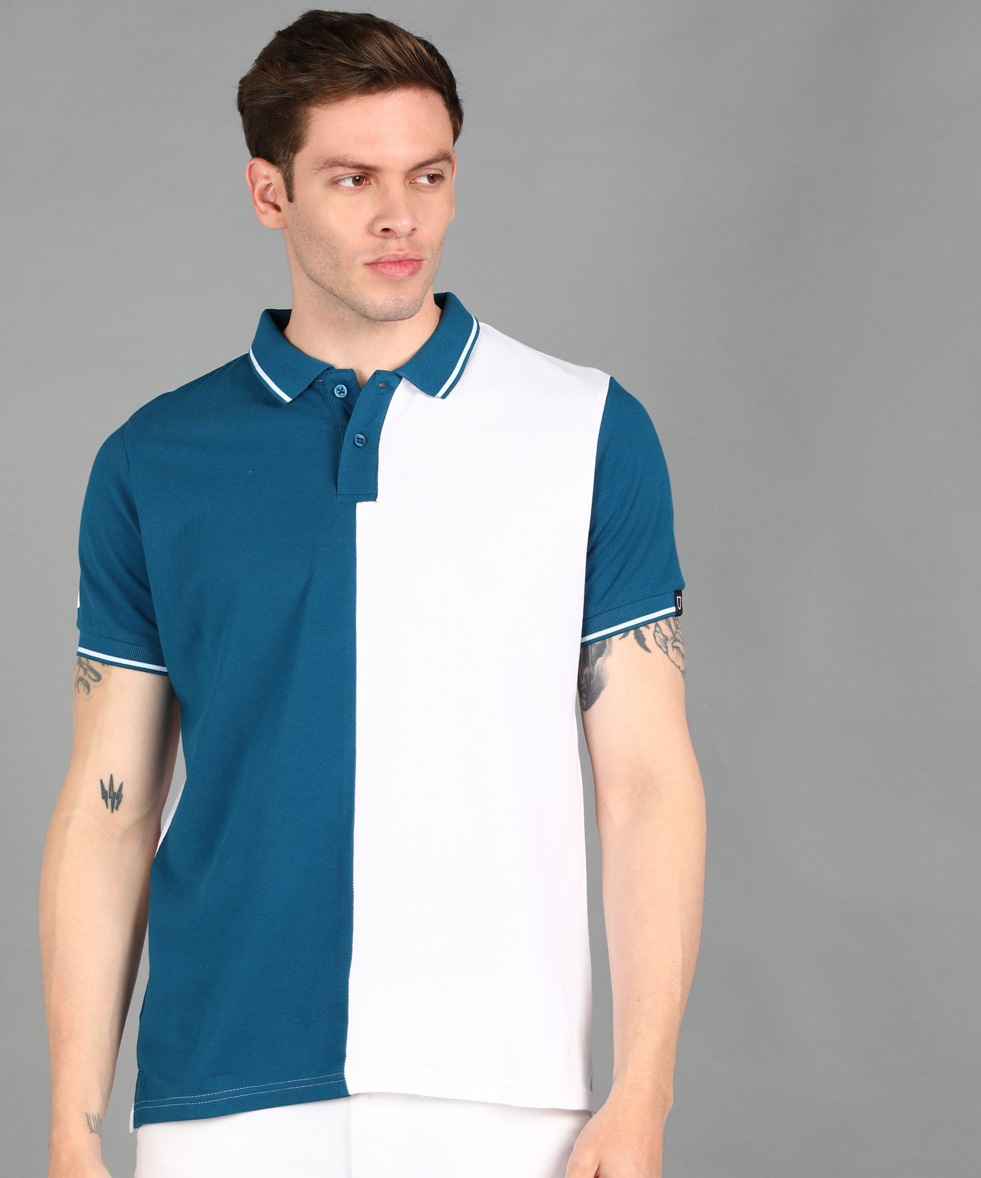 Men's White, Blue Colour-Block Slim Fit Half Sleeve Cotton Polo T-Shirt