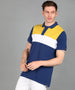 Men's Dark Blue, White, Yellow Colour-Block Slim Fit Half Sleeve Cotton Polo T-Shirt