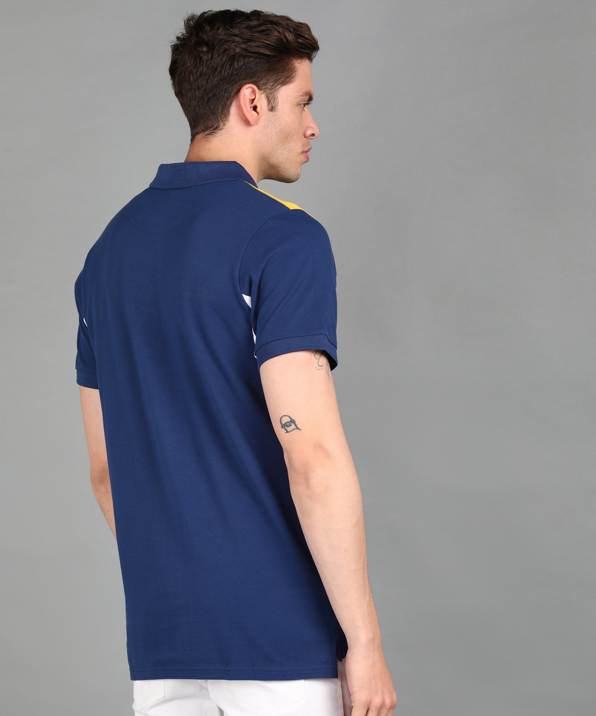 Men's Dark Blue, White, Yellow Colour-Block Slim Fit Half Sleeve Cotton Polo T-Shirt