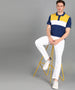 Men's Dark Blue, White, Yellow Colour-Block Slim Fit Half Sleeve Cotton Polo T-Shirt