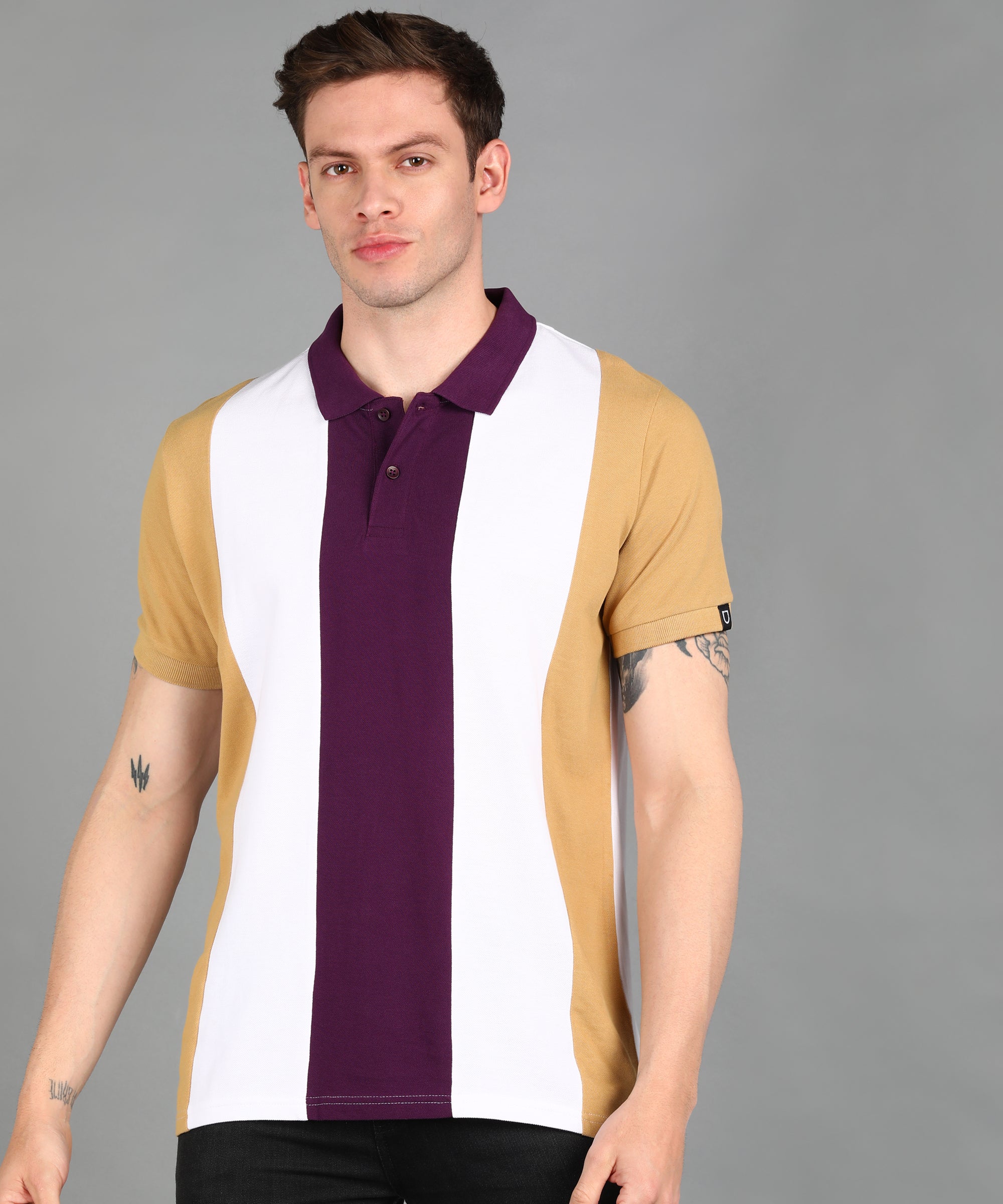 Men's Off White, Purple, Khaki Colour-Block Slim Fit Half Sleeve Cotton Polo T-Shirt